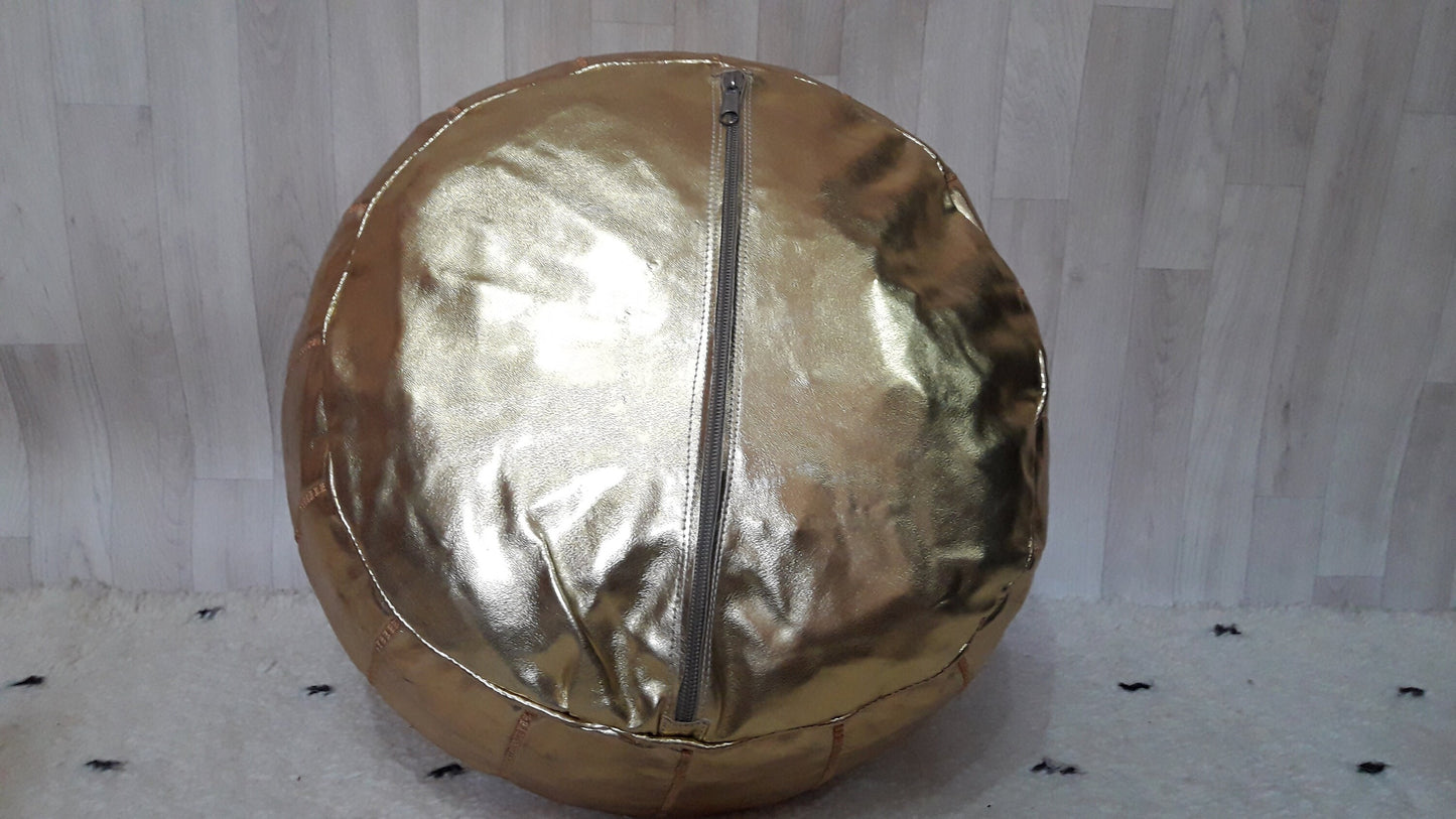 Moroccan Handcrafted Faux Leather Pouf, Ottoman Faux Leather Pouf Cool Ottoman Luxury Gold Floor Pouf, Moroccan Home Decor Pouf Gold