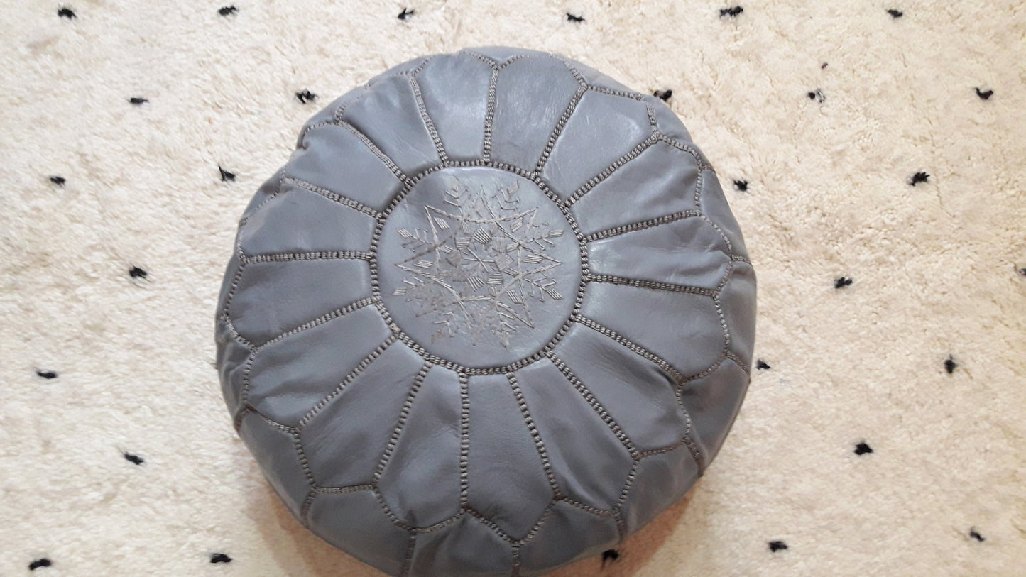 Moroccan Handcrafted Leather Pouf, Ottoman Leather Pouf Cool Ottoman Luxury Gray Floor Pouf, Moroccan Home Decor Pouf Gray