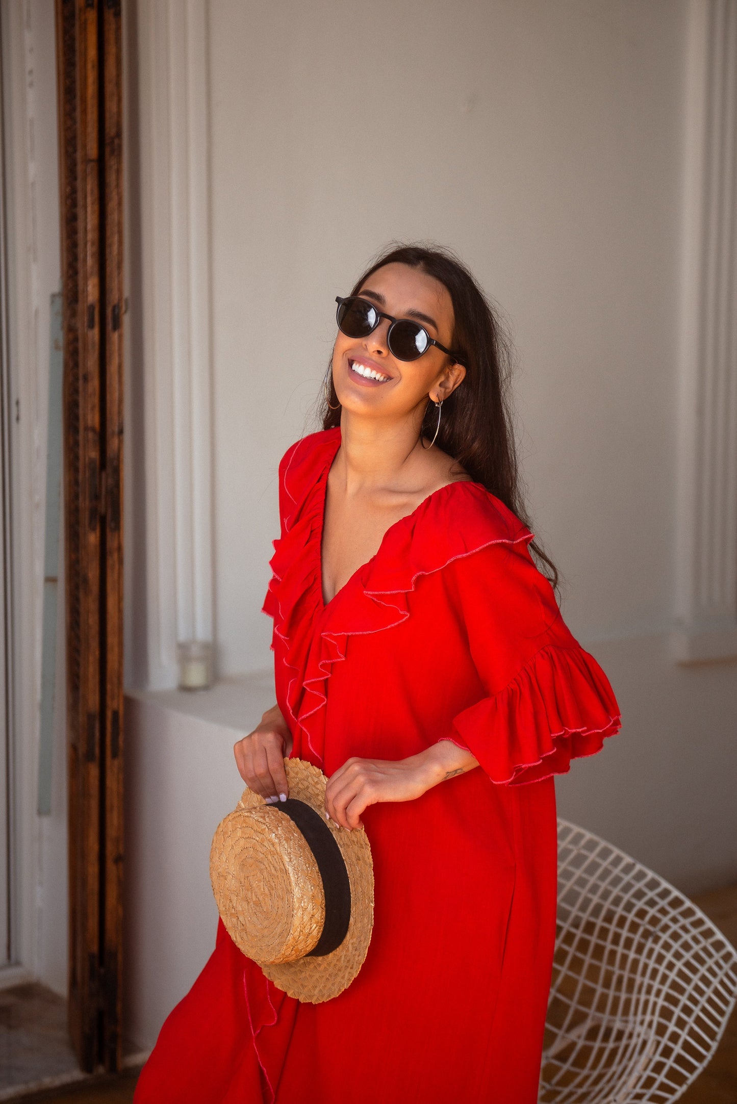 Moroccan Kaftan, Linen Dress, Oversized Dress, Loose Kaftan, Handmade Caftan, Boho Dress, Red Dress, Ruffle Dress