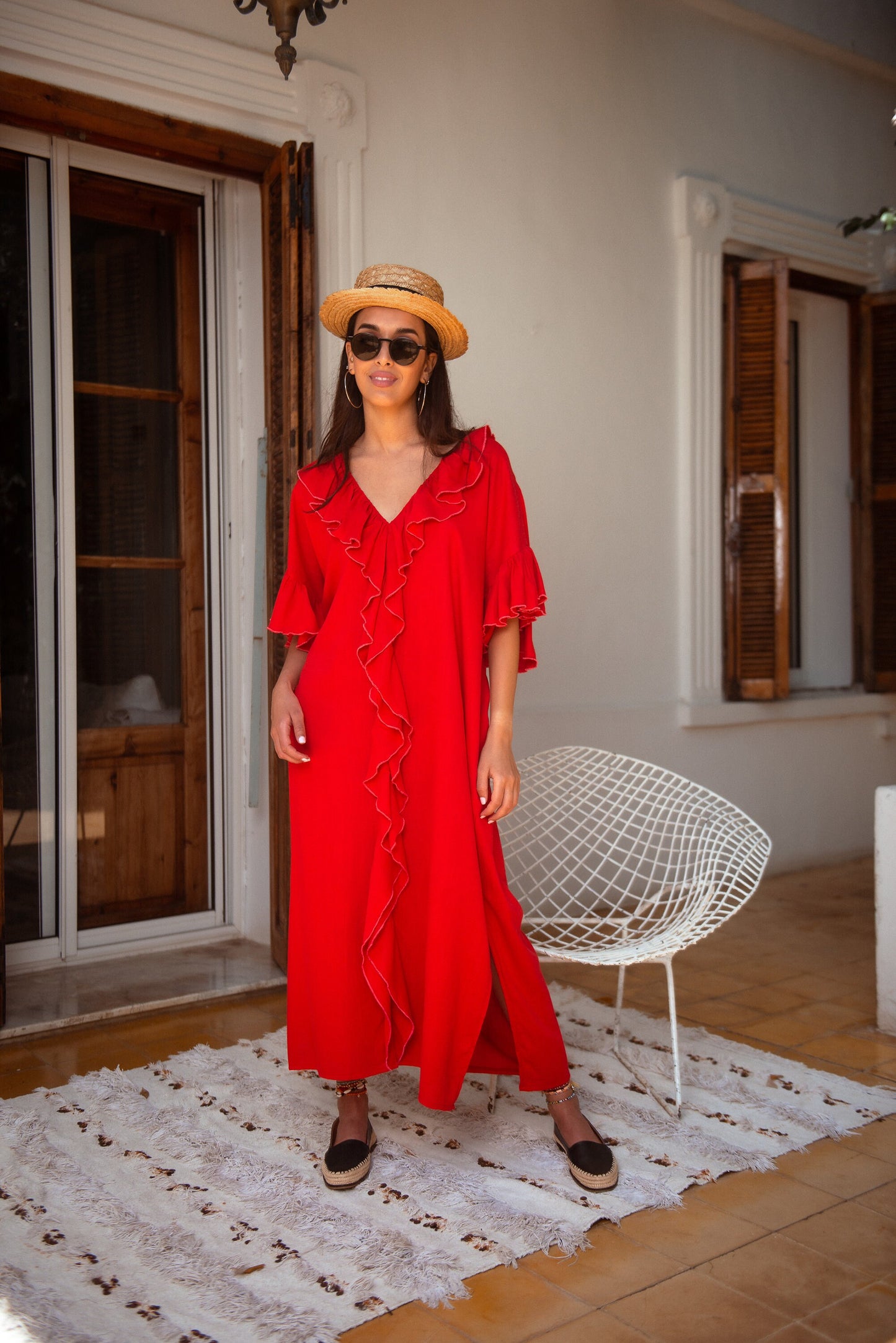 Moroccan Kaftan, Linen Dress, Oversized Dress, Loose Kaftan, Handmade Caftan, Boho Dress, Red Dress, Ruffle Dress