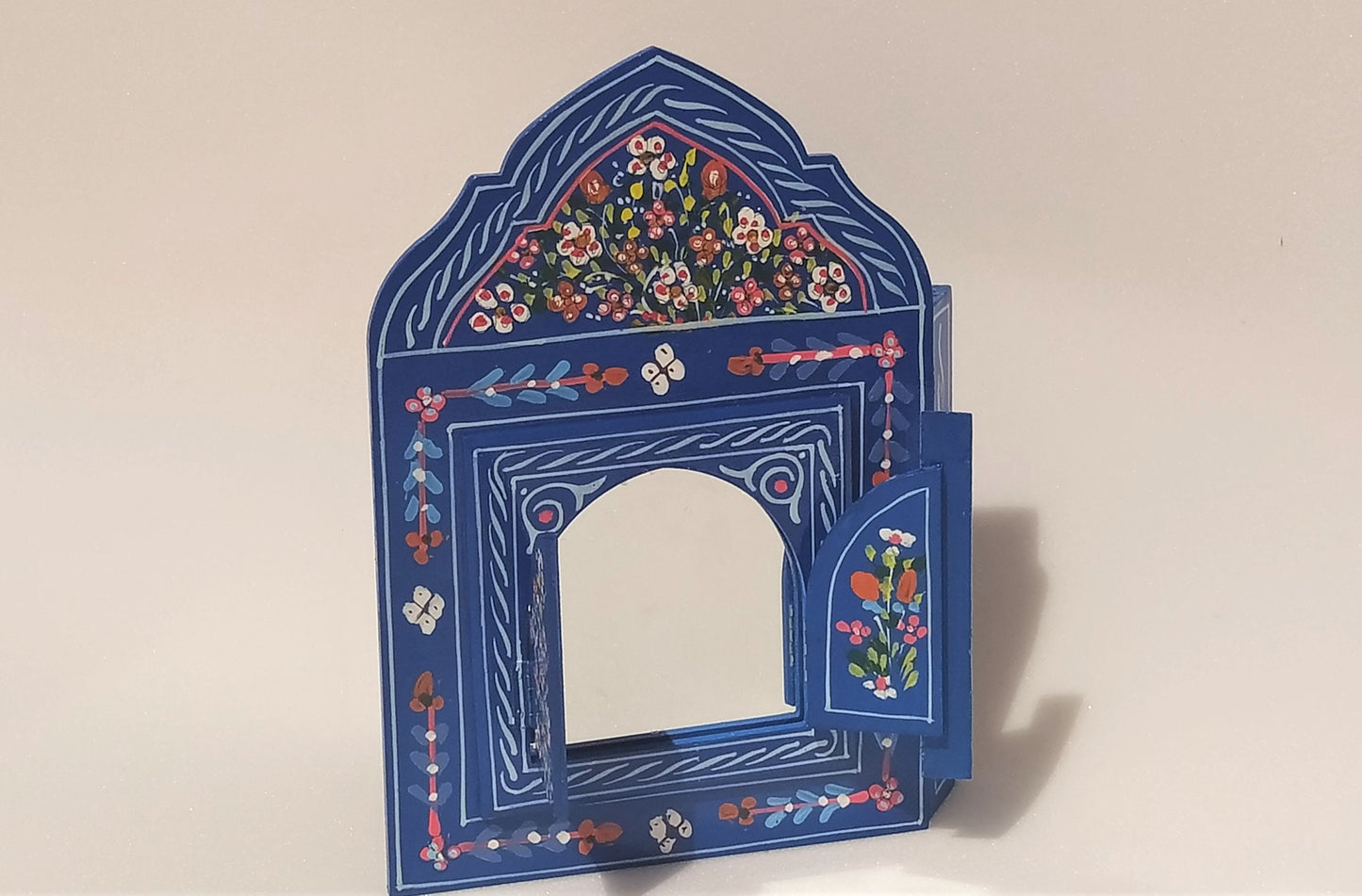 Small Moroccan Mirror with Doors, Ethnic Art for Entryway, Large Mirror Hand Painted, Unique Blue Floral Mirrors, Mirror with Jewelry Holder