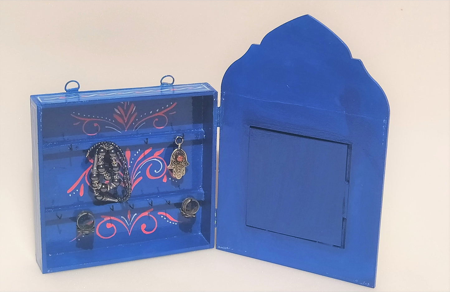 Small Moroccan Mirror with Doors, Ethnic Art for Entryway, Large Mirror Hand Painted, Unique Blue Floral Mirrors, Mirror with Jewelry Holder
