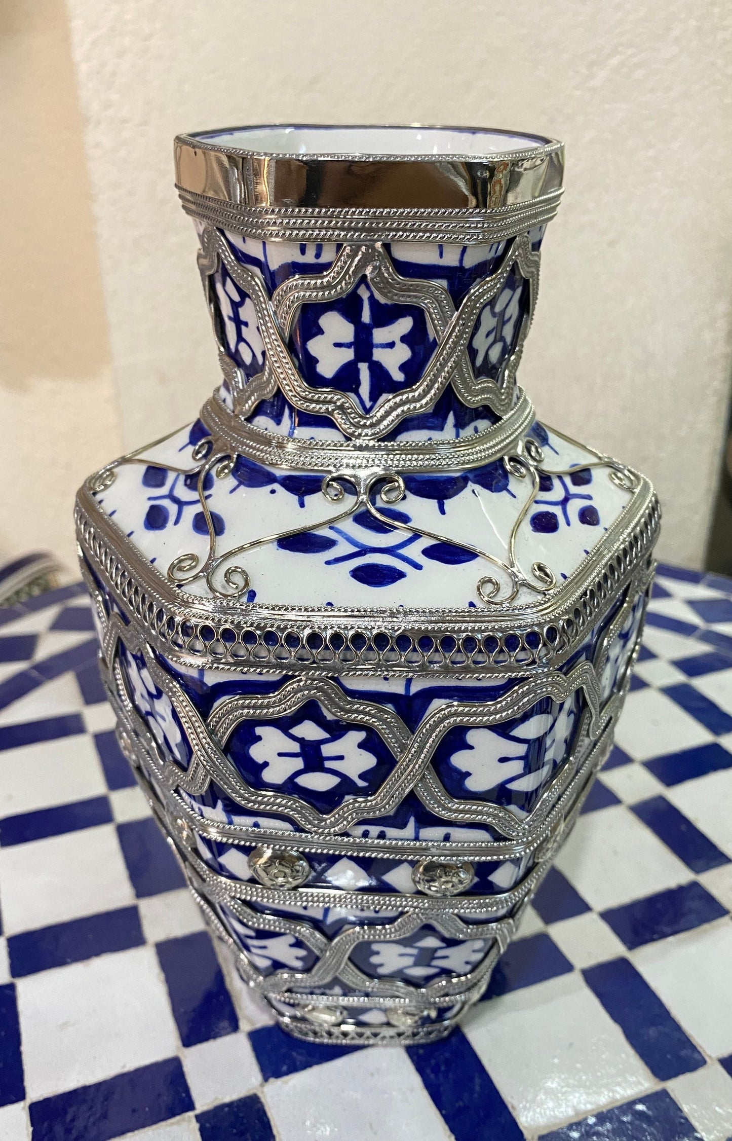 Fes Ceramic Vase, Handmade and Hand Painted, Inlaid with Nickel Silver / Ceramic Vase and Nickel Silver.
