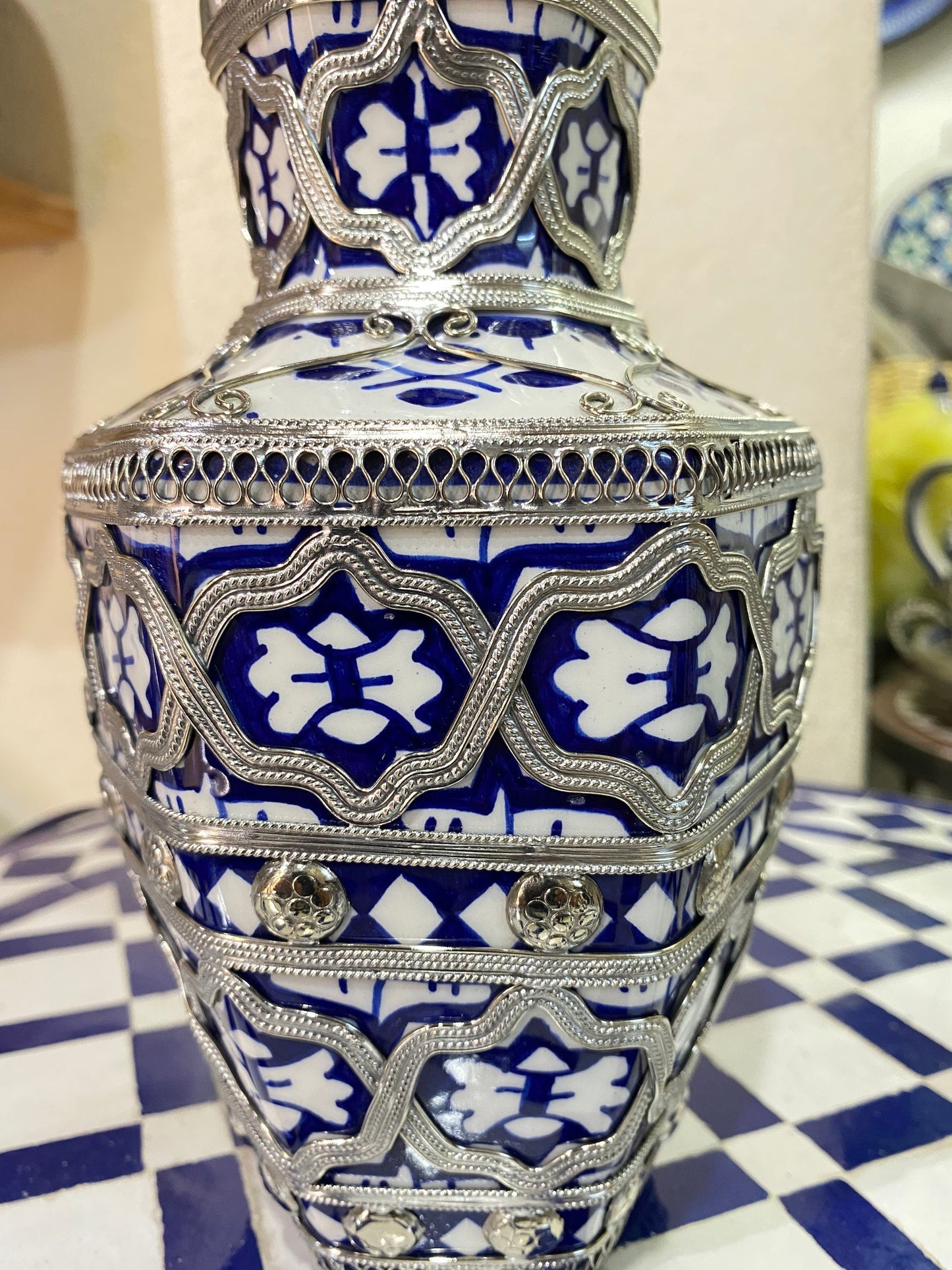 Fes Ceramic Vase, Handmade and Hand Painted, Inlaid with Nickel Silver / Ceramic Vase and Nickel Silver.