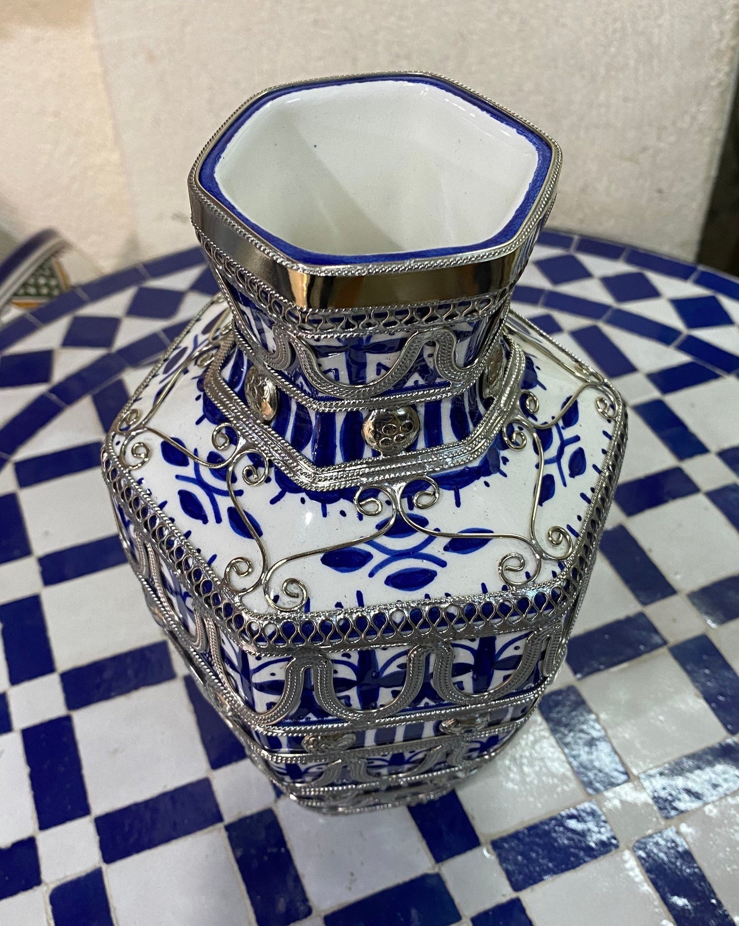 Fes Ceramic Vase, Handmade and Hand Painted, Inlaid with Nickel Silver / Ceramic Vase and Nickel Silver.