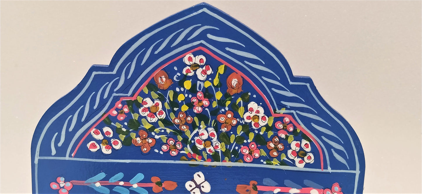 Small Moroccan Mirror with Doors, Ethnic Art for Entryway, Large Mirror Hand Painted, Unique Blue Floral Mirrors, Mirror with Jewelry Holder