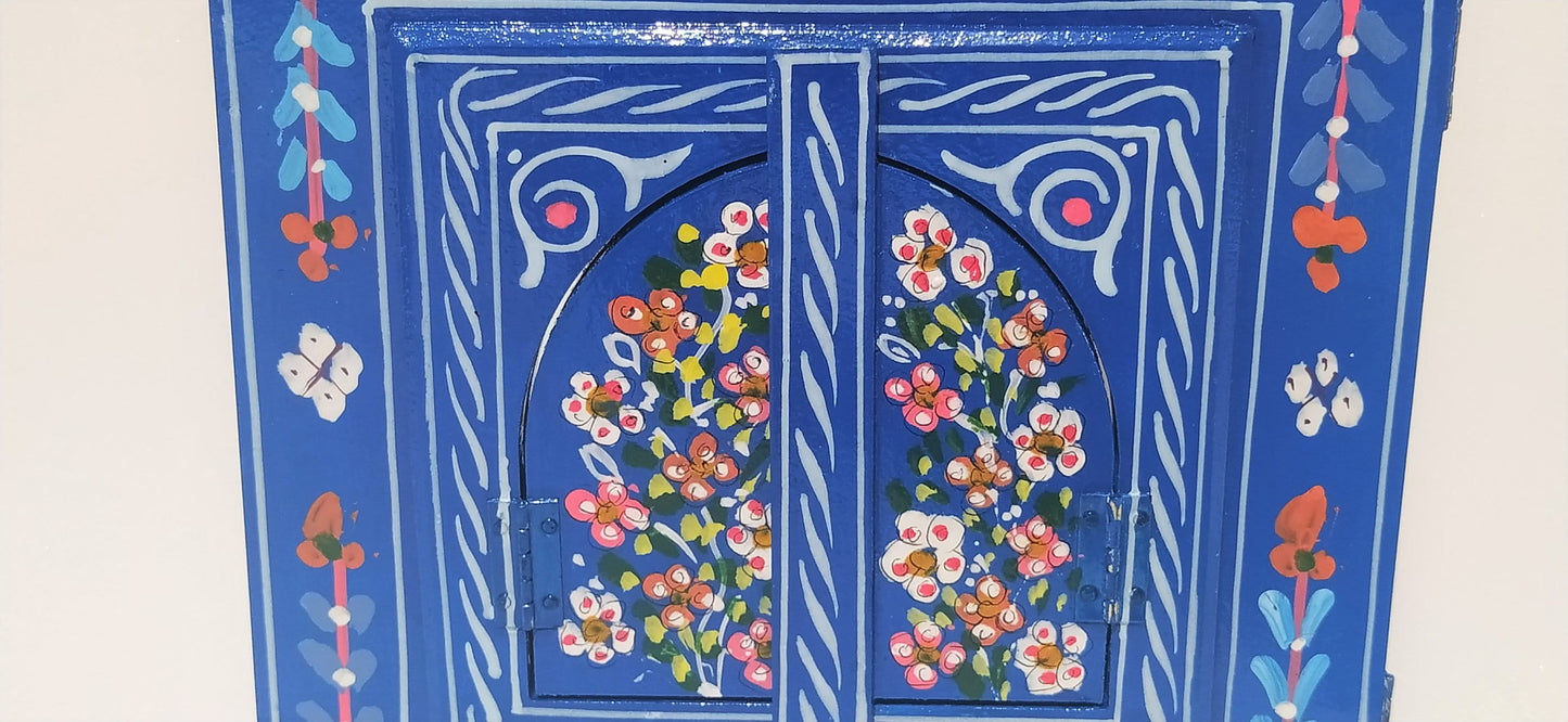 Small Moroccan Mirror with Doors, Ethnic Art for Entryway, Large Mirror Hand Painted, Unique Blue Floral Mirrors, Mirror with Jewelry Holder