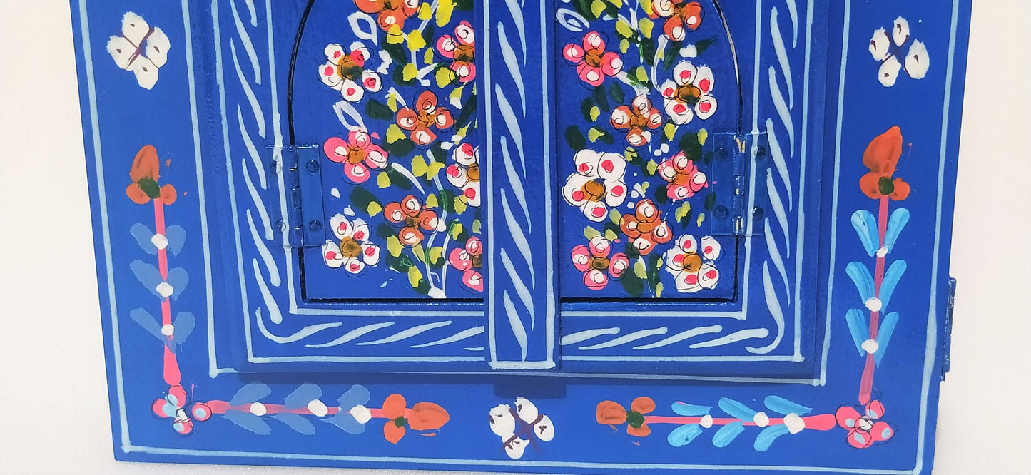 Small Moroccan Mirror with Doors, Ethnic Art for Entryway, Large Mirror Hand Painted, Unique Blue Floral Mirrors, Mirror with Jewelry Holder