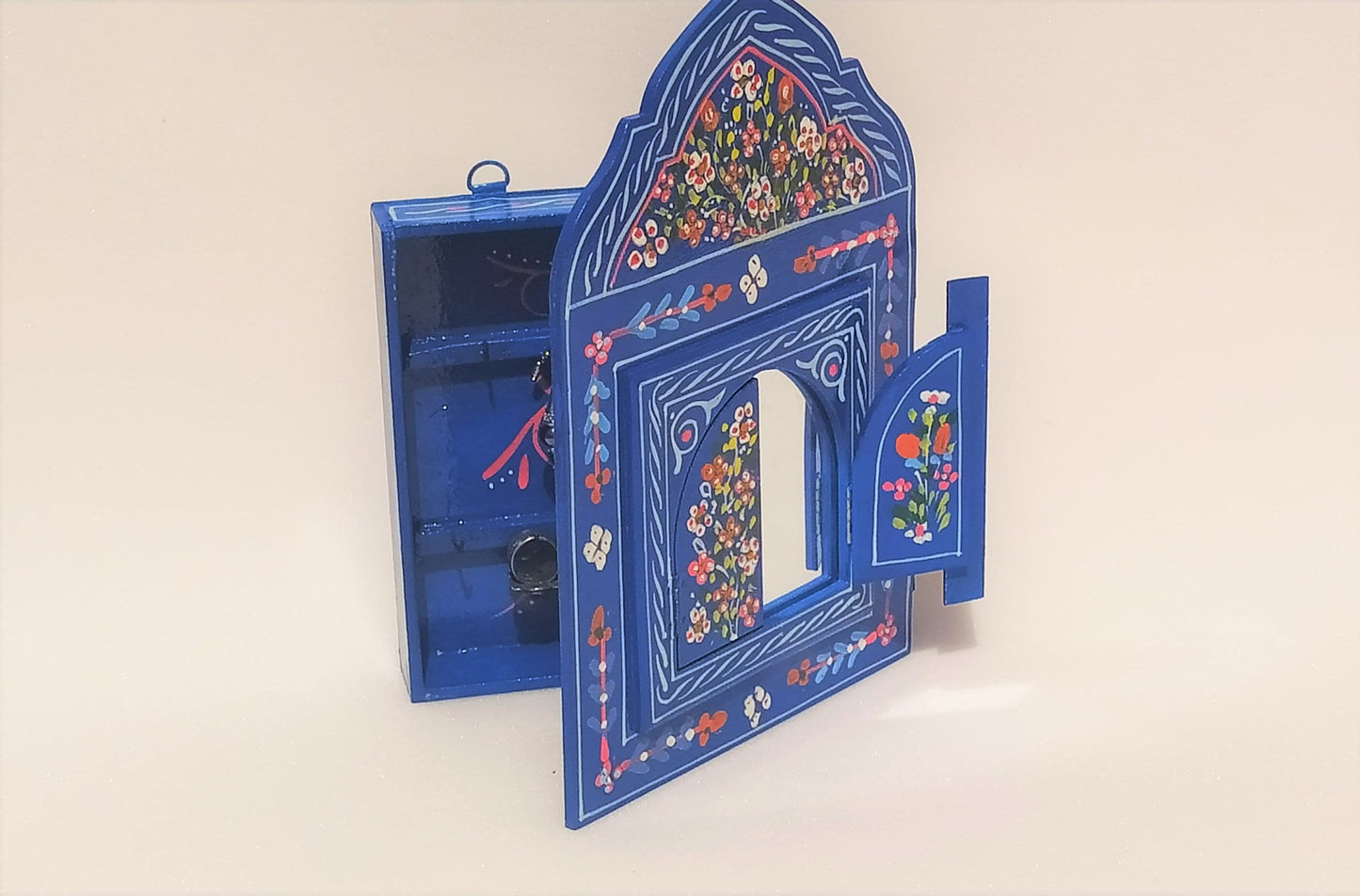 Small Moroccan Mirror with Doors, Ethnic Art for Entryway, Large Mirror Hand Painted, Unique Blue Floral Mirrors, Mirror with Jewelry Holder
