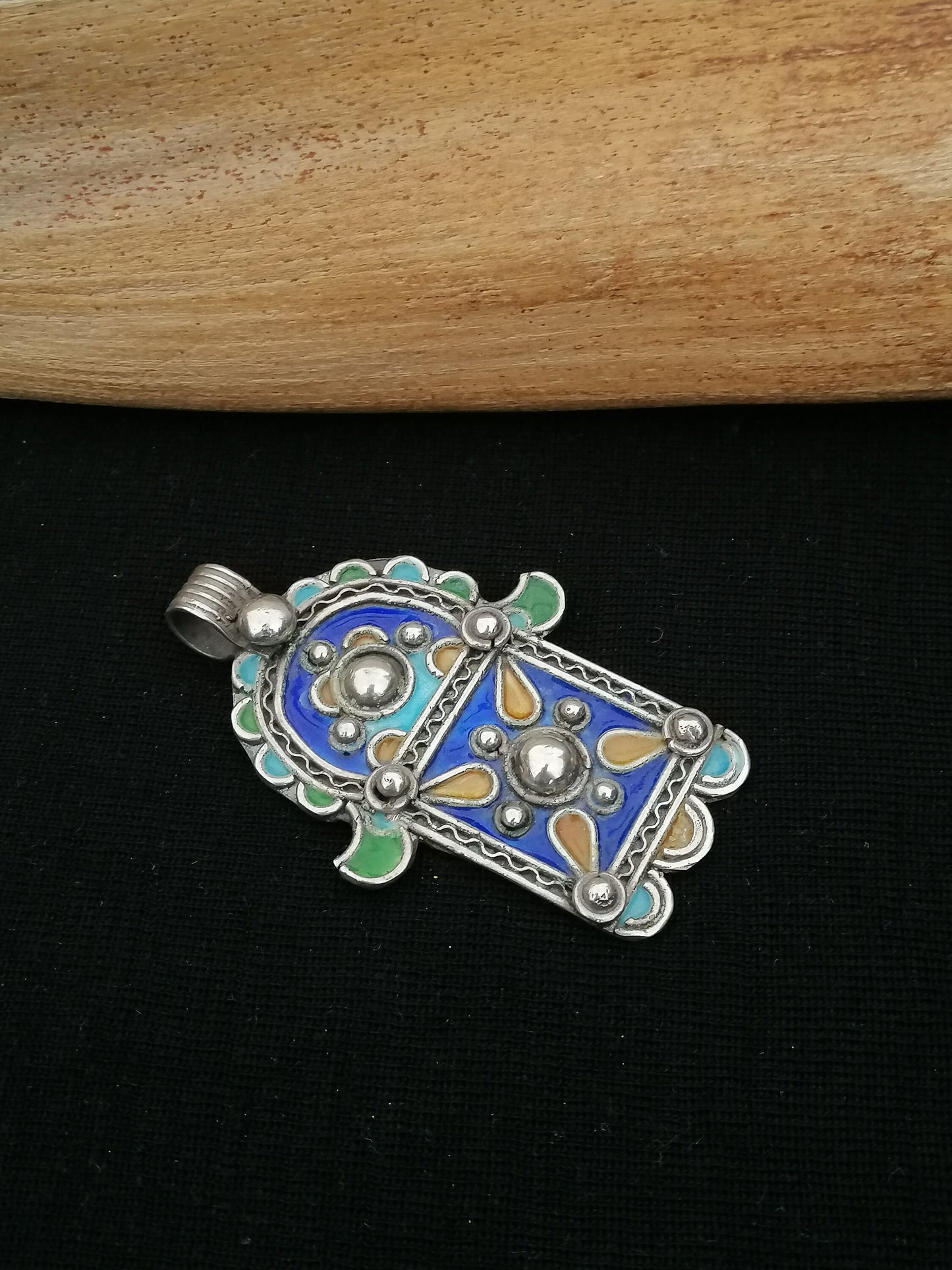 Cute Berber Silver and Enamel Khamsa Pendant