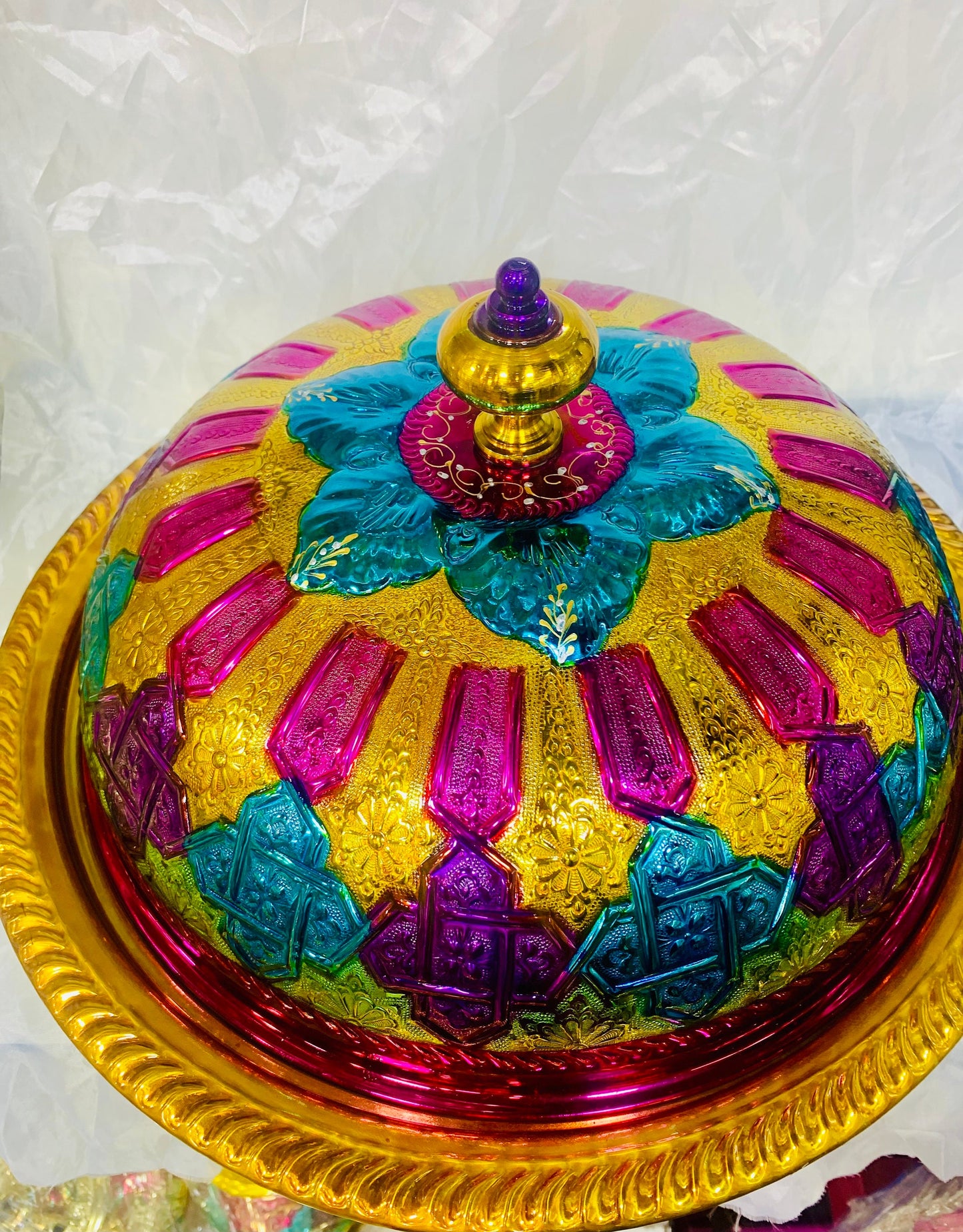 Moroccan Handmade Luxurious Brass Hand Painted Serving Platter Food Dome Cover and Serving Tray