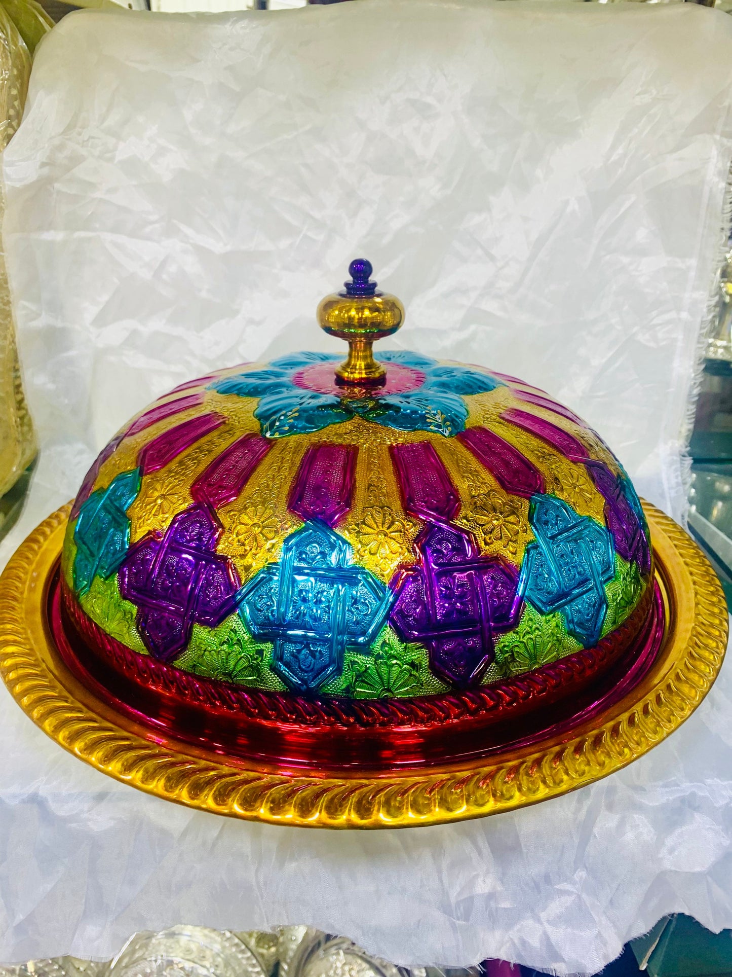 Moroccan Handmade Luxurious Brass Hand Painted Serving Platter Food Dome Cover and Serving Tray