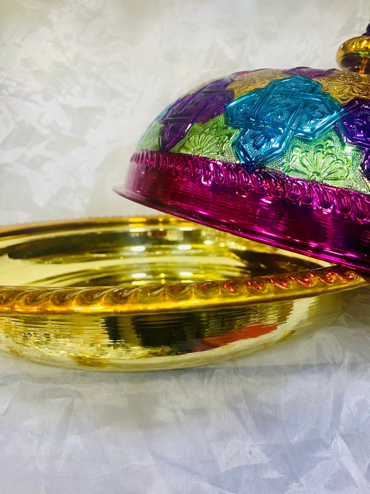 Moroccan Handmade Luxurious Brass Hand Painted Serving Platter Food Dome Cover and Serving Tray