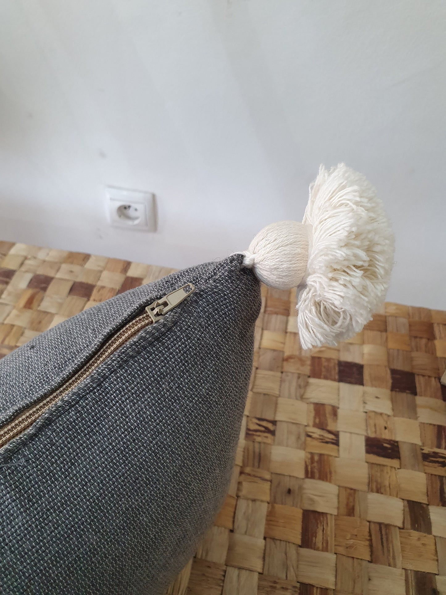 STUFFED Handmade Cotton Pillow, Stuffed Pillow, Moroccan Cotton Cushion, Decorative Pompom Cushion, Gift Idea -- 16Inch by 8Inch