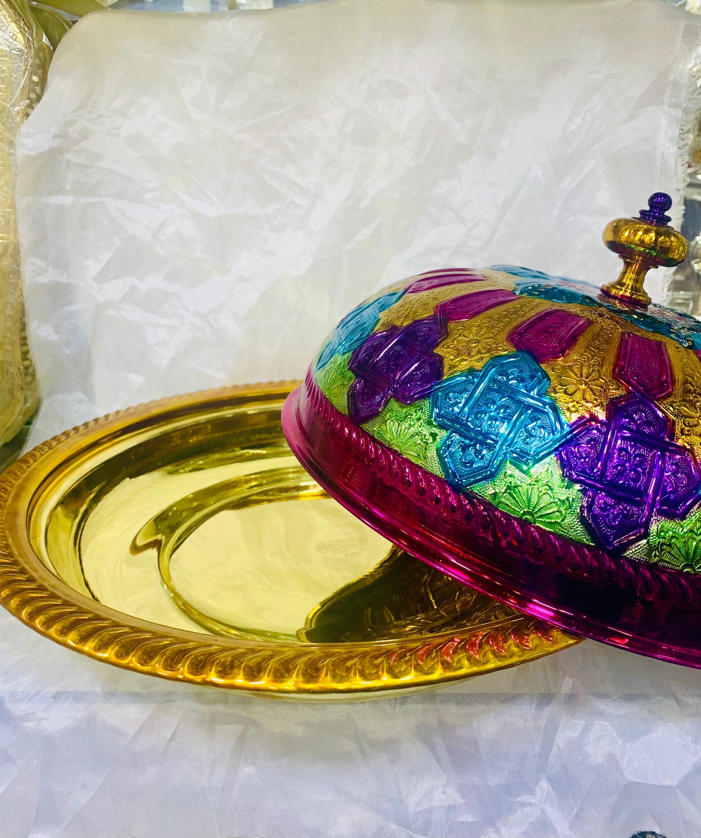Moroccan Handmade Luxurious Brass Hand Painted Serving Platter Food Dome Cover and Serving Tray