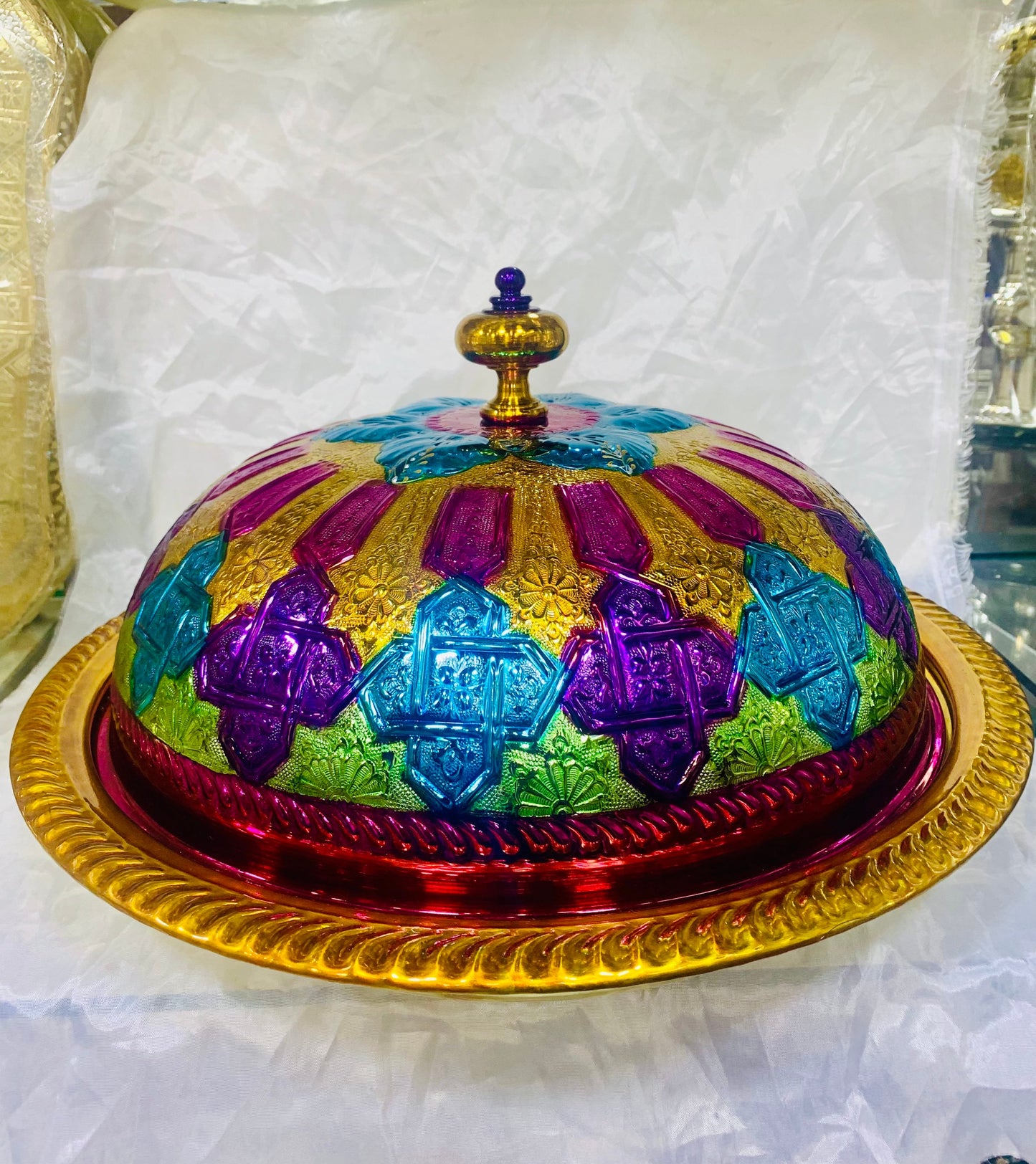 Moroccan Handmade Luxurious Brass Hand Painted Serving Platter Food Dome Cover and Serving Tray