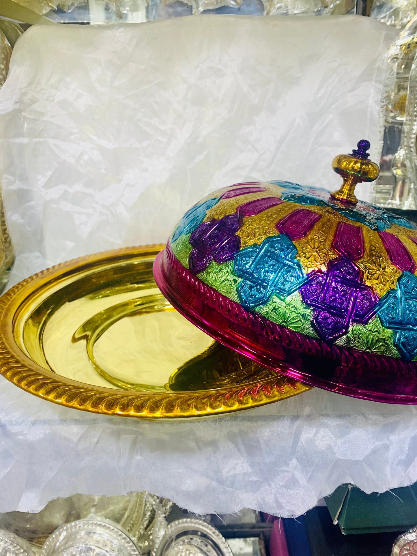 Moroccan Handmade Luxurious Brass Hand Painted Serving Platter Food Dome Cover and Serving Tray