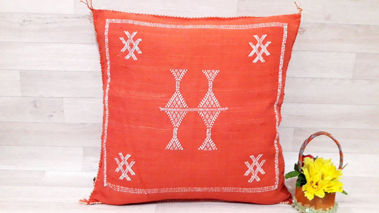 Cactus Silk Pillow - Orange Sabra Pillow - Handmade Morocco Cushion . Moroccan Sabra Cushion-Pillow Case-Moroccan Pillows-Pillow Cover