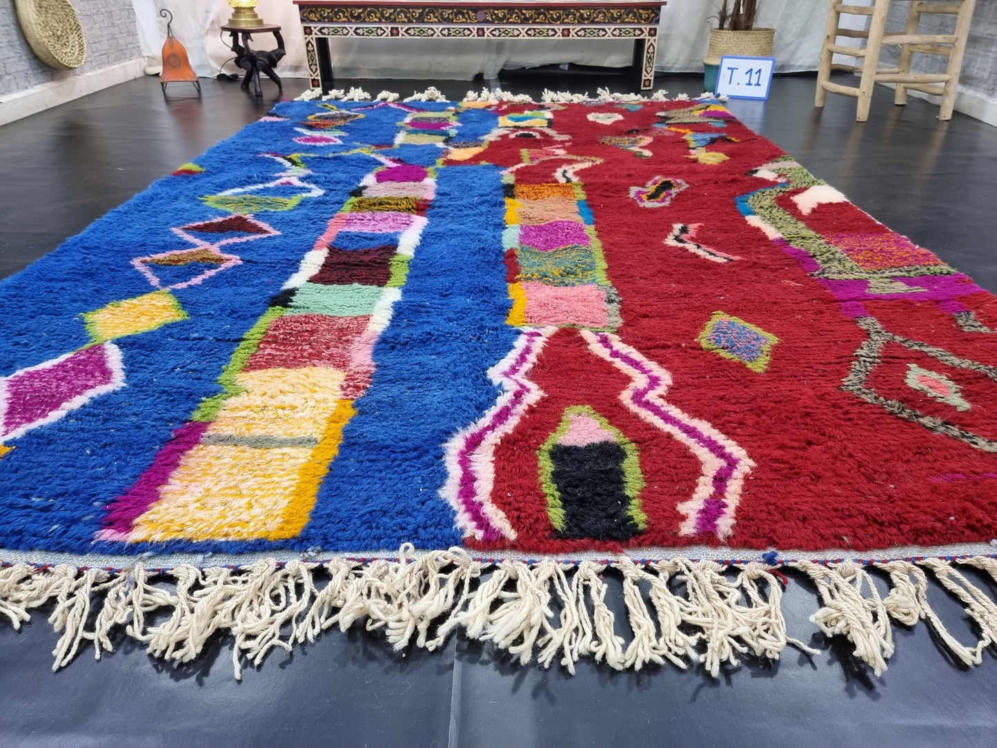 BENI OURAIN RUG, Custom Moroccan Rug, Red & Blue Shag Rug, Funky Berber Carpet, Hand-Knotted Wool Rug, Bohemian Rug for Living Room.