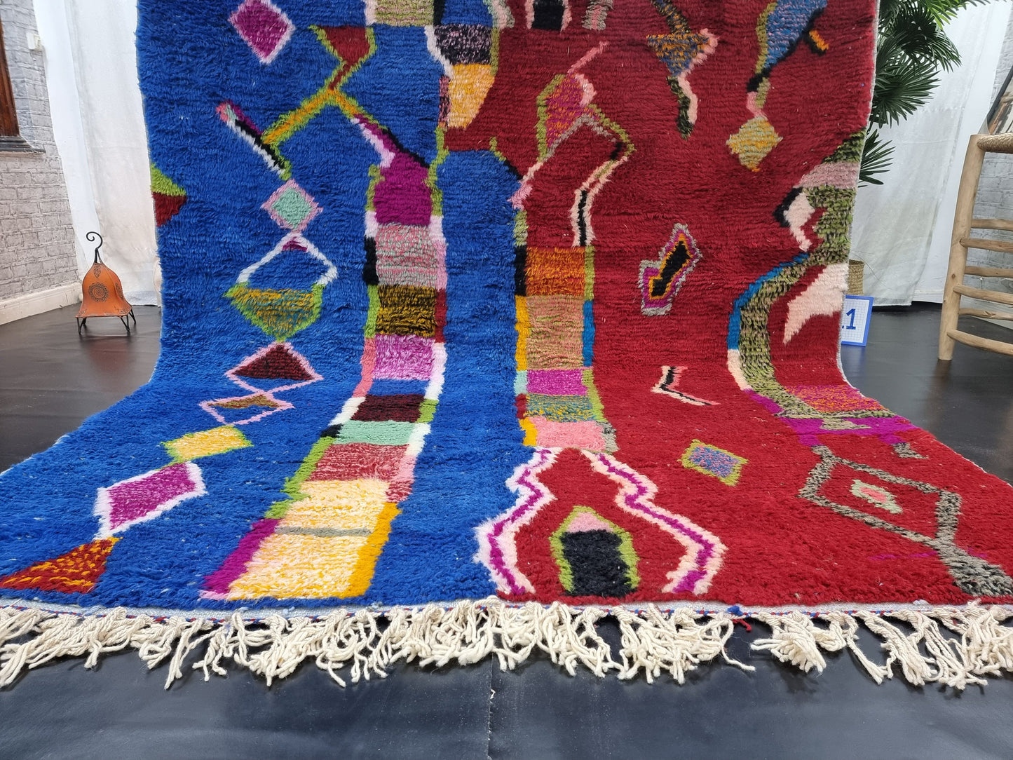 BENI OURAIN RUG, Custom Moroccan Rug, Red & Blue Shag Rug, Funky Berber Carpet, Hand-Knotted Wool Rug, Bohemian Rug for Living Room.