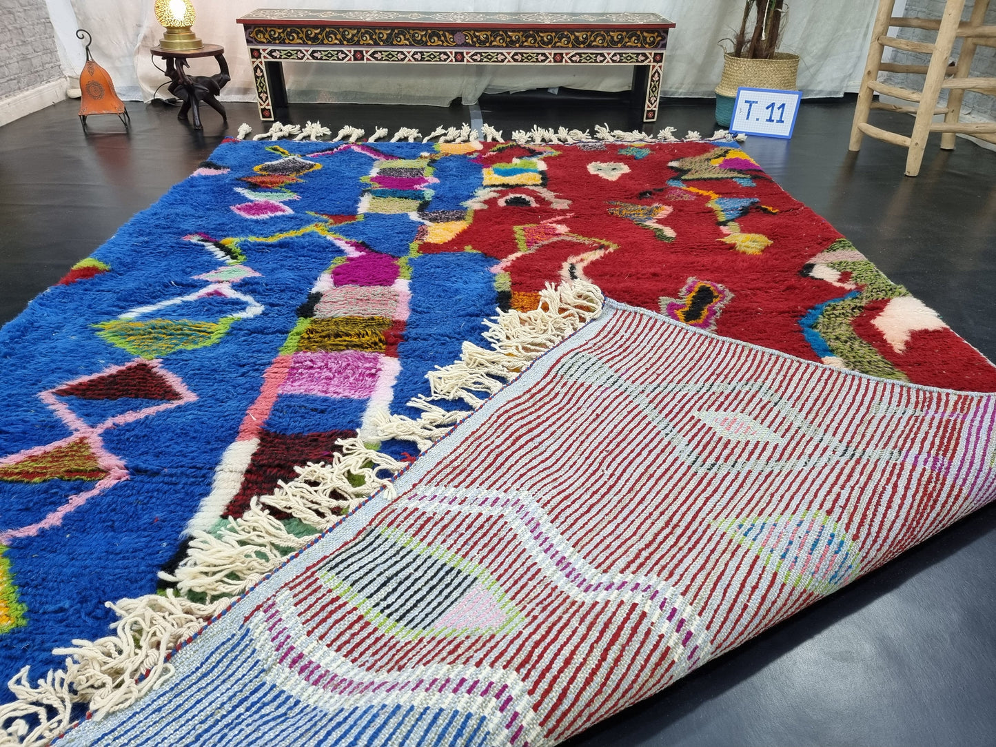 BENI OURAIN RUG, Custom Moroccan Rug, Red & Blue Shag Rug, Funky Berber Carpet, Hand-Knotted Wool Rug, Bohemian Rug for Living Room.