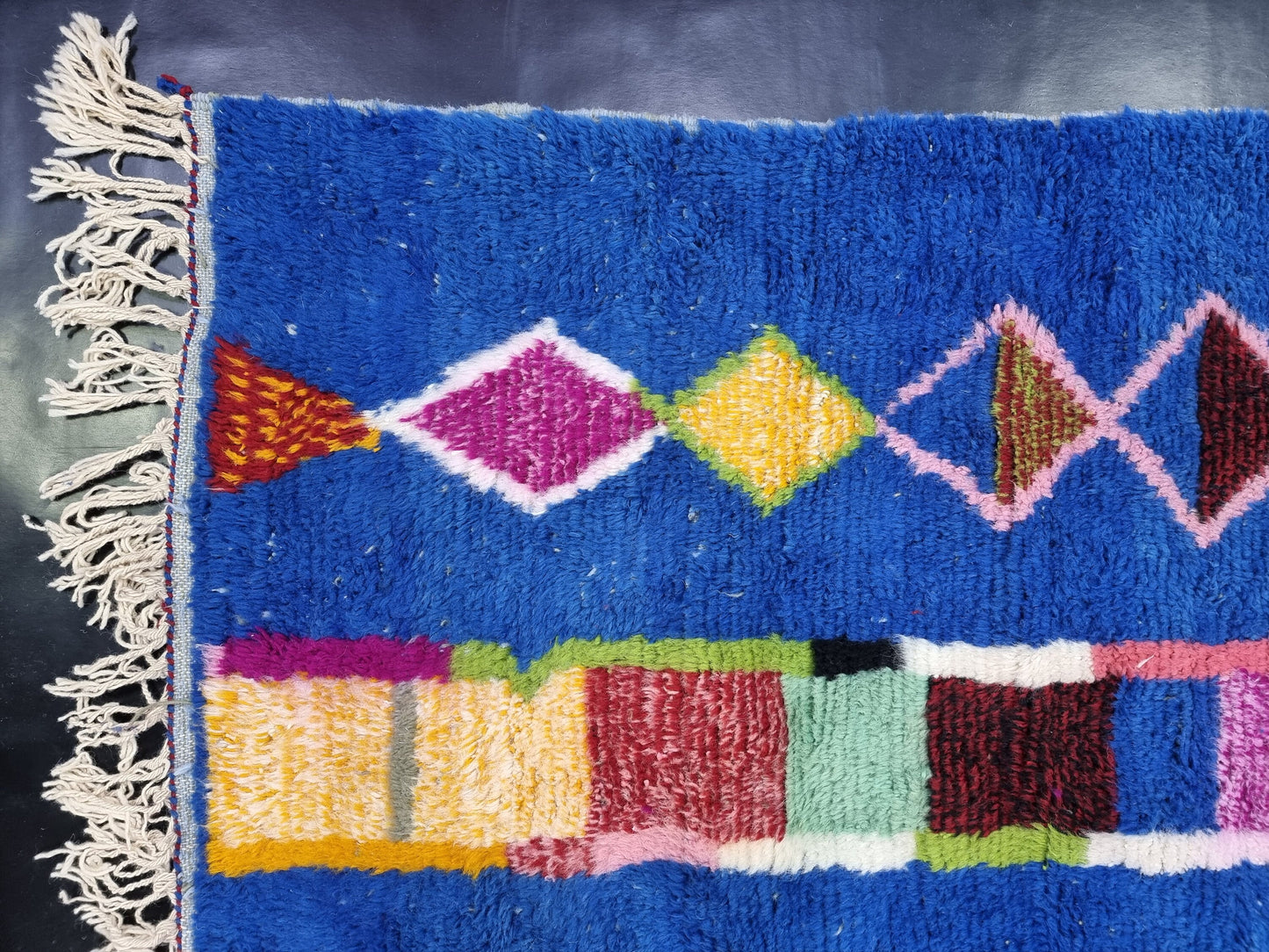 BENI OURAIN RUG, Custom Moroccan Rug, Red & Blue Shag Rug, Funky Berber Carpet, Hand-Knotted Wool Rug, Bohemian Rug for Living Room.