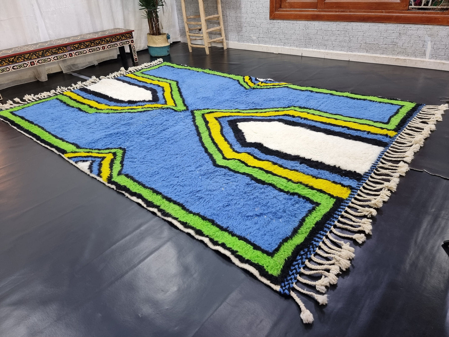 ARTISTIC BENIOURAIN RUG, Moroccan Rug, Area Wool Rug, Geometric Rug, Blue, Yelow and Green Rug, Overdyed Rug, Area Rug, Large Handmade Rug