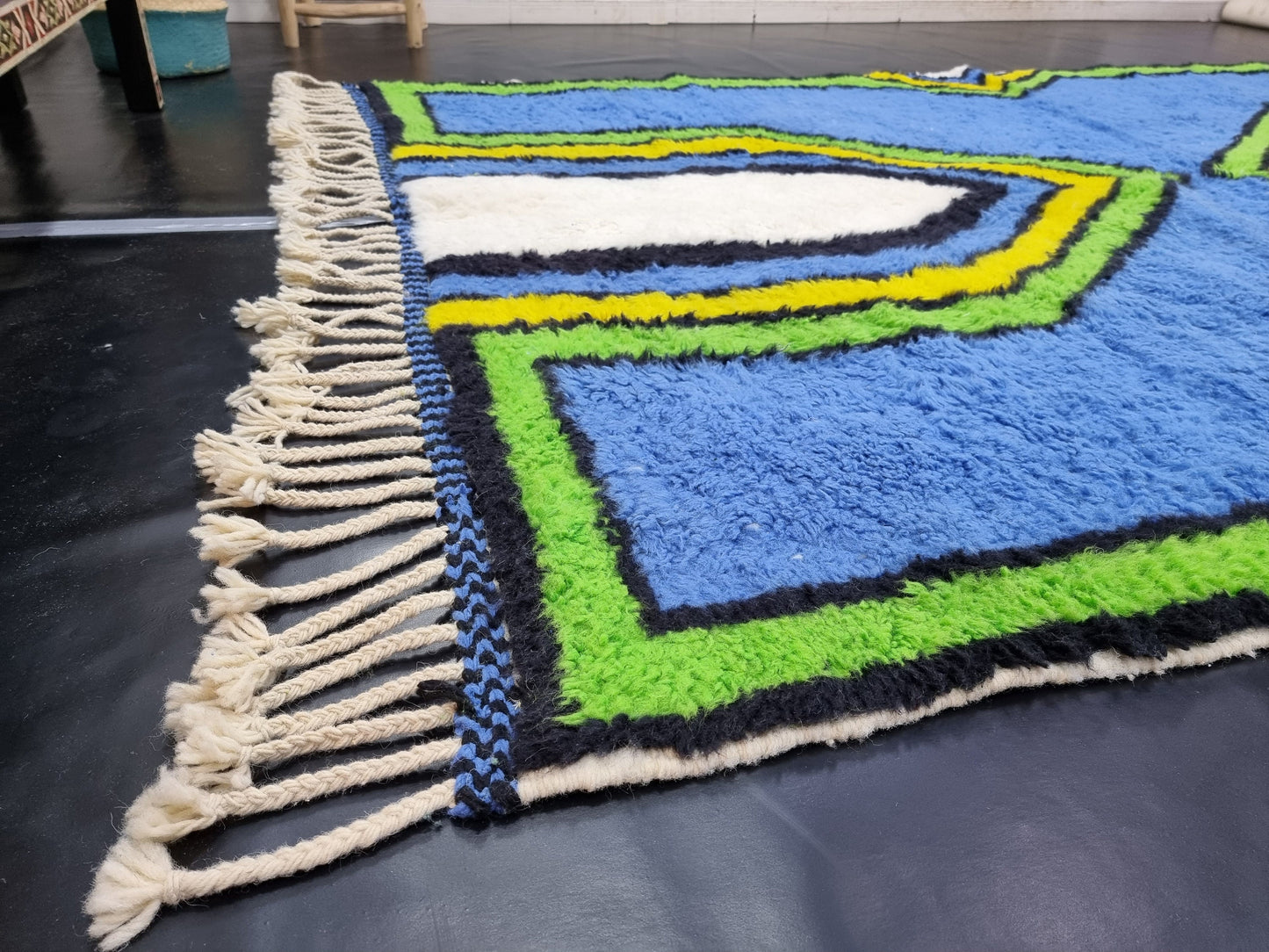 ARTISTIC BENIOURAIN RUG, Moroccan Rug, Area Wool Rug, Geometric Rug, Blue, Yelow and Green Rug, Overdyed Rug, Area Rug, Large Handmade Rug