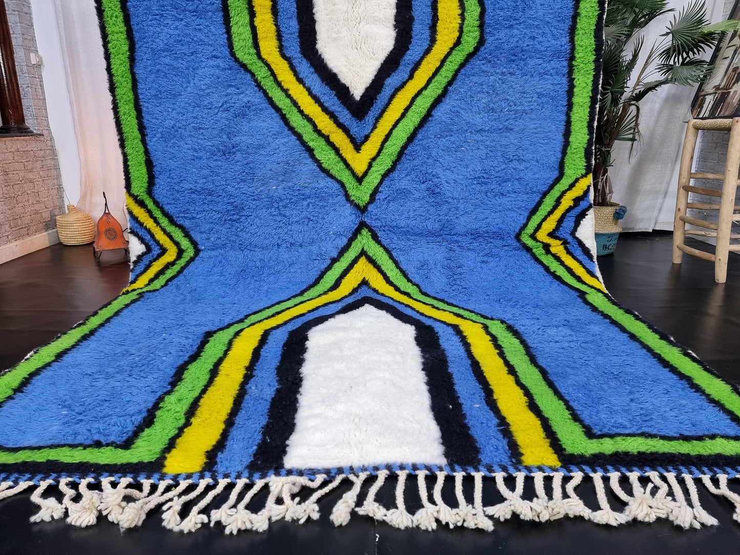 ARTISTIC BENIOURAIN RUG, Moroccan Rug, Area Wool Rug, Geometric Rug, Blue, Yelow and Green Rug, Overdyed Rug, Area Rug, Large Handmade Rug