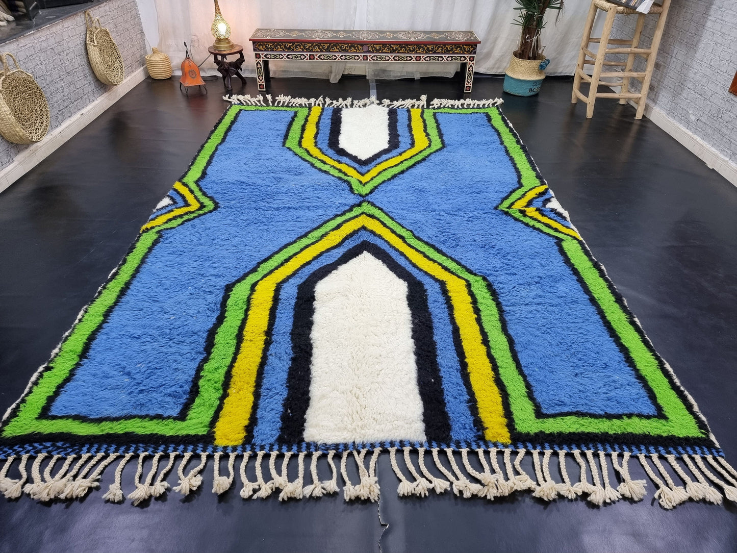 ARTISTIC BENIOURAIN RUG, Moroccan Rug, Area Wool Rug, Geometric Rug, Blue, Yelow and Green Rug, Overdyed Rug, Area Rug, Large Handmade Rug