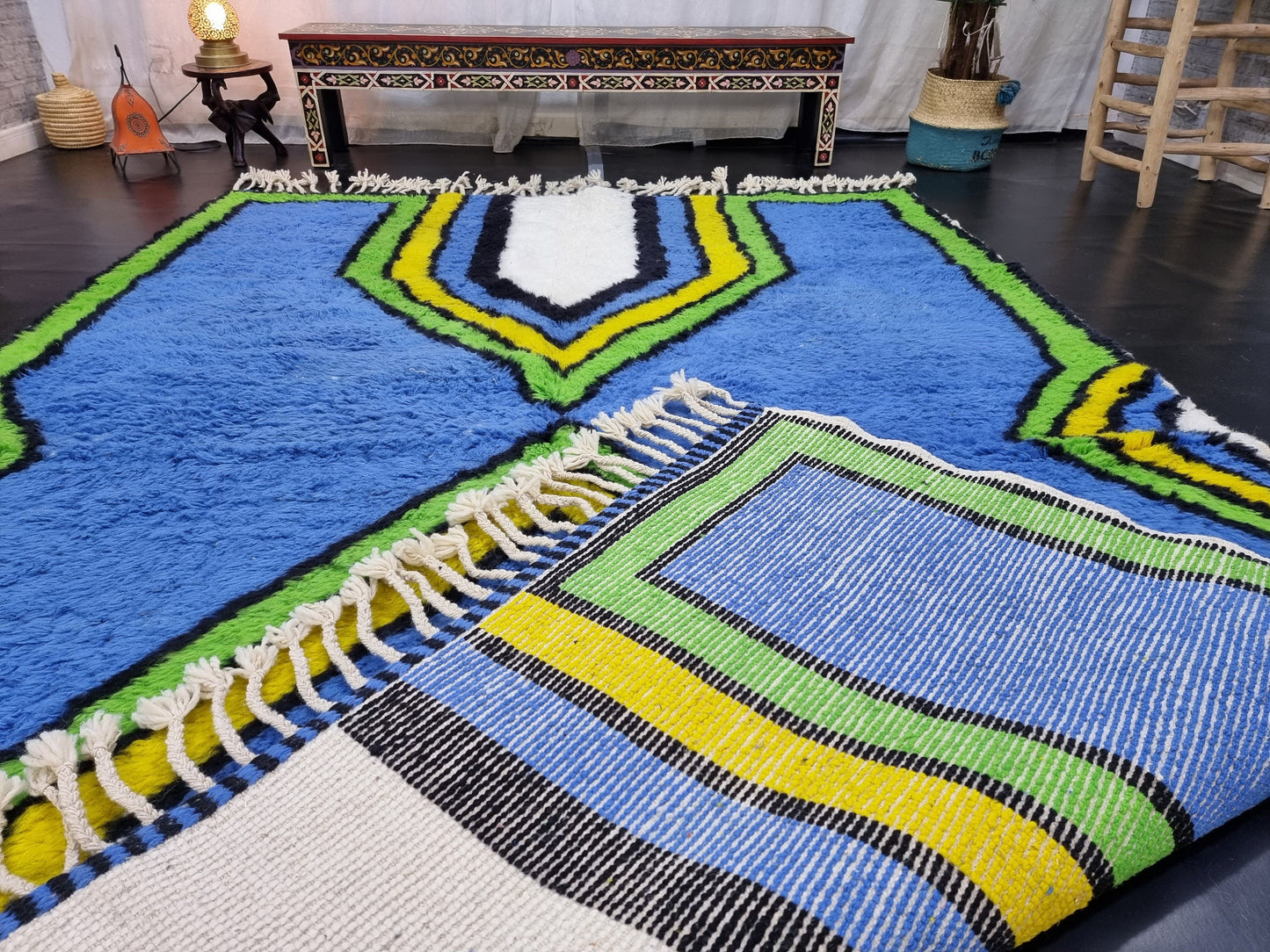 ARTISTIC BENIOURAIN RUG, Moroccan Rug, Area Wool Rug, Geometric Rug, Blue, Yelow and Green Rug, Overdyed Rug, Area Rug, Large Handmade Rug