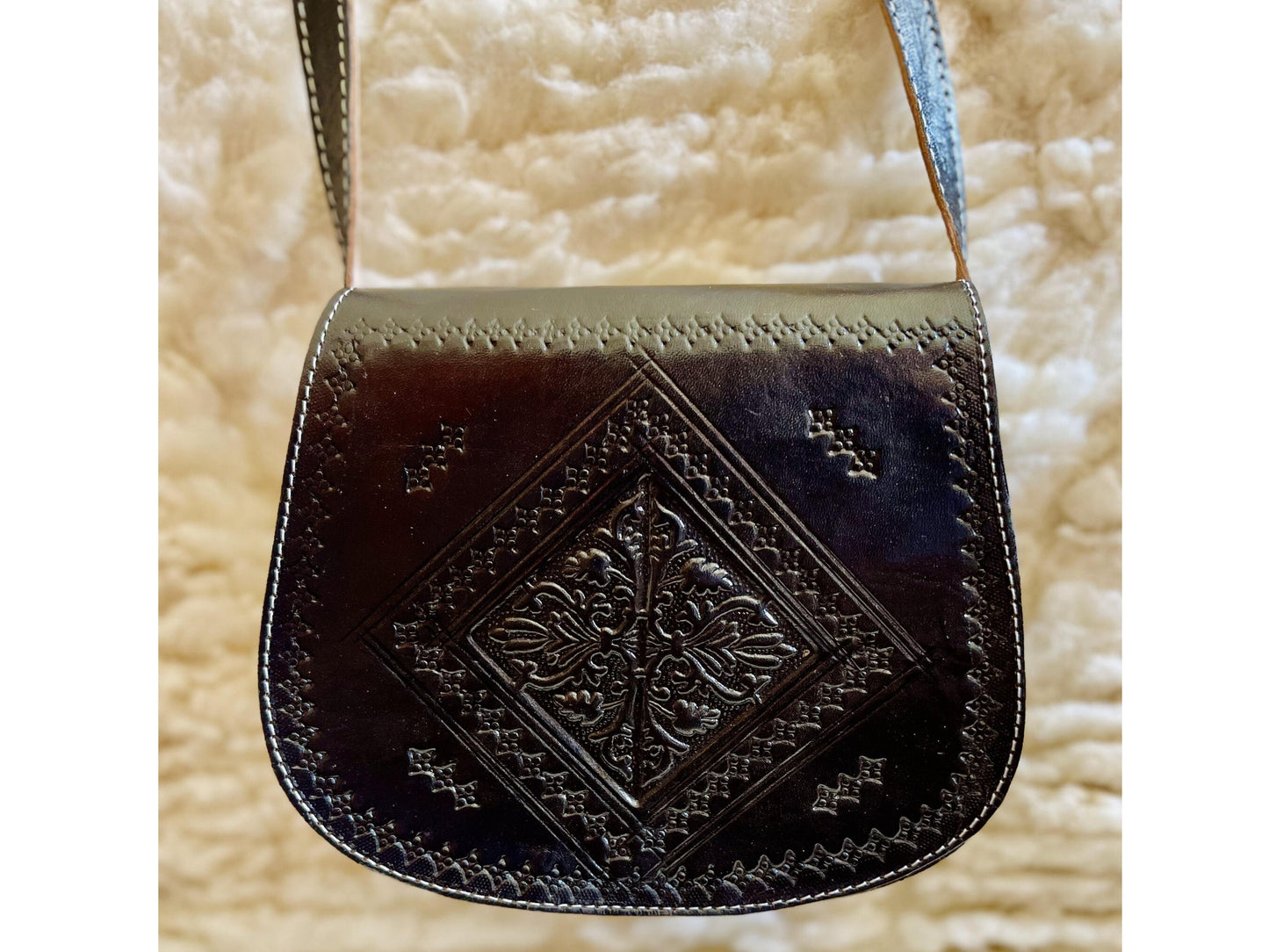 Moroccan Leather Bag, Genuine Leather Crossbody Bag, Moroccan Shoulder Bag, Women'S Leather Bag, Handmade Carved Leather Bag, Black Boho Bag