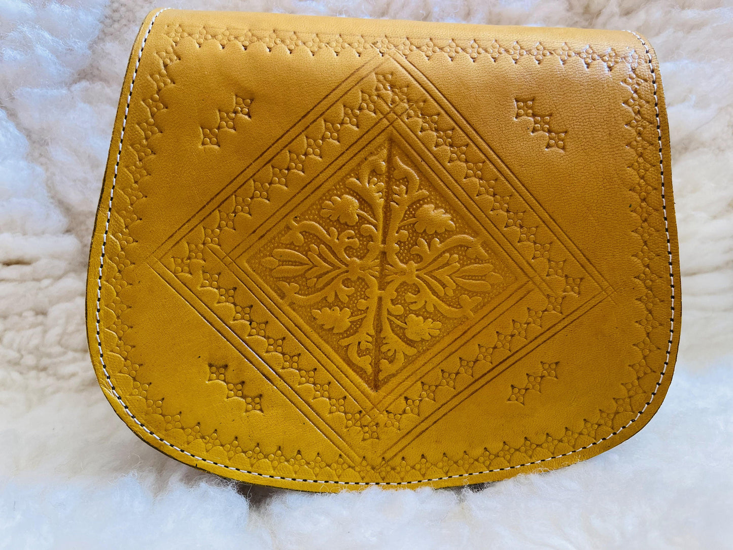Moroccan Leather Bag, Genuine Leather Crossbody Bag, Moroccan Shoulder Bag, Women Leather Bag, Handmade Carved Leather Bag, Yellow Boho Bag