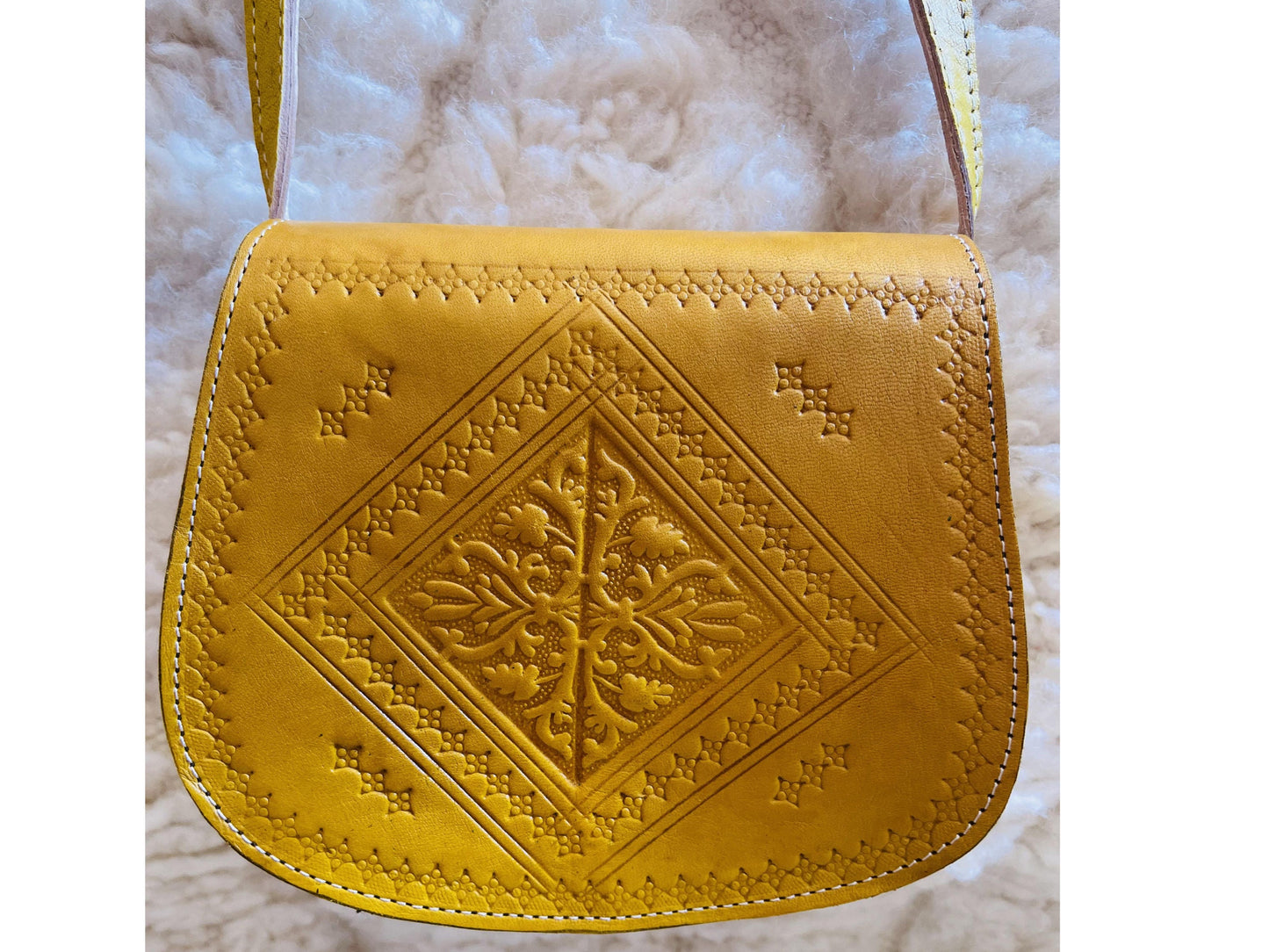 Moroccan Leather Bag, Genuine Leather Crossbody Bag, Moroccan Shoulder Bag, Women Leather Bag, Handmade Carved Leather Bag, Yellow Boho Bag