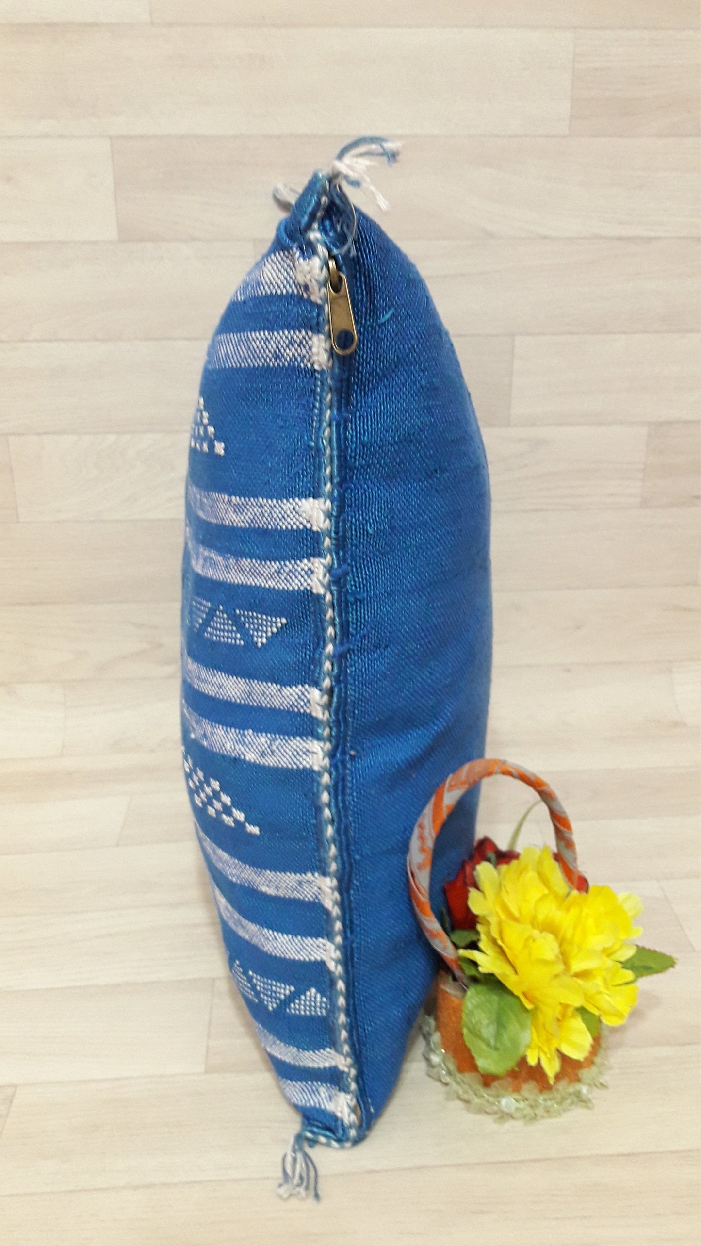 Cactus Silk Cushion Cover - Blue Sabra Pillow - Handmade Morocco Cushion
