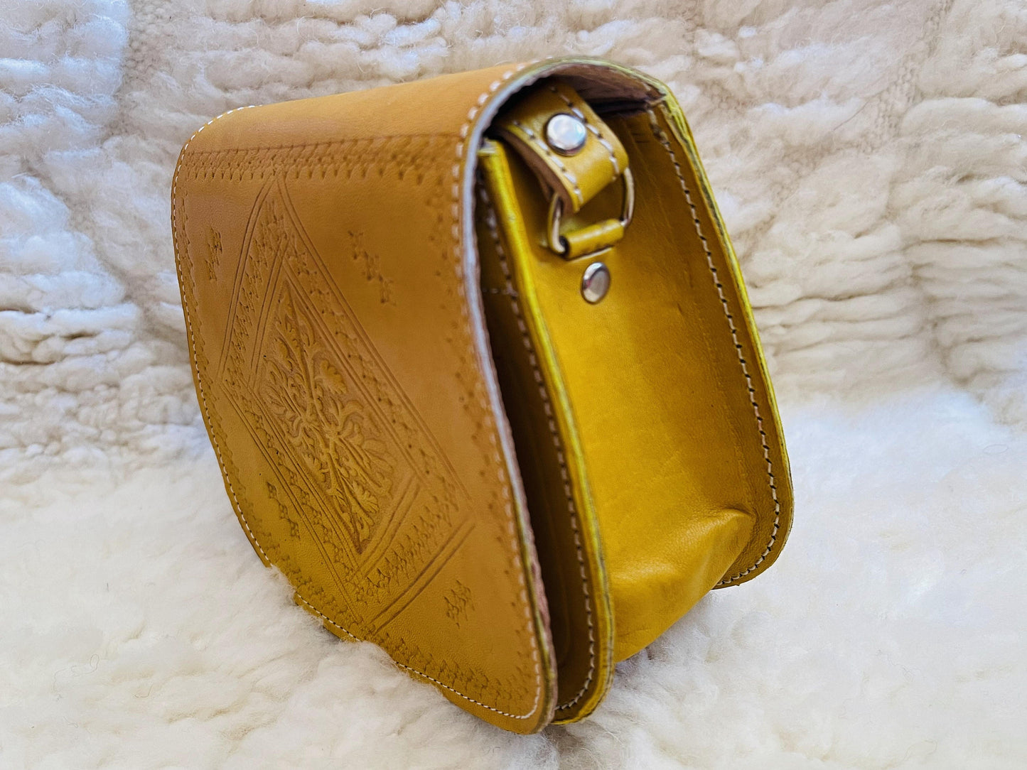Moroccan Leather Bag, Genuine Leather Crossbody Bag, Moroccan Shoulder Bag, Women Leather Bag, Handmade Carved Leather Bag, Yellow Boho Bag