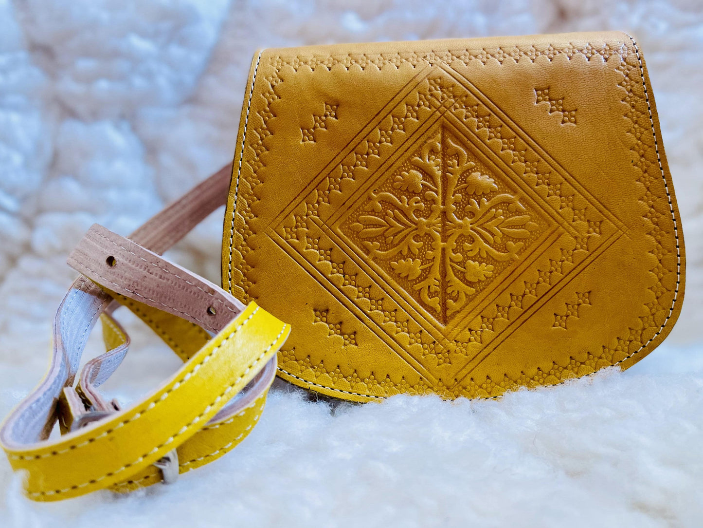 Moroccan Leather Bag, Genuine Leather Crossbody Bag, Moroccan Shoulder Bag, Women Leather Bag, Handmade Carved Leather Bag, Yellow Boho Bag