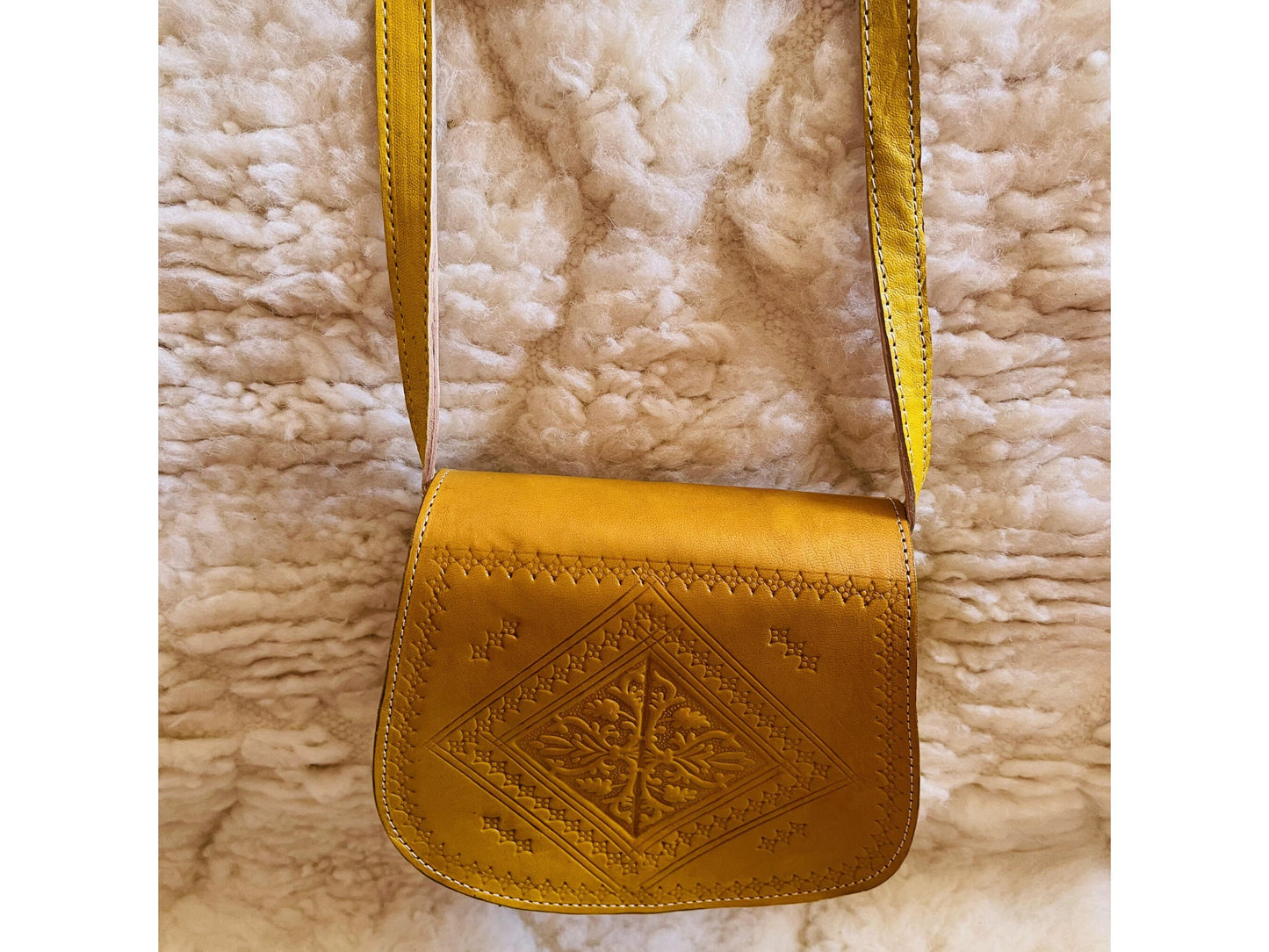 Moroccan Leather Bag, Genuine Leather Crossbody Bag, Moroccan Shoulder Bag, Women Leather Bag, Handmade Carved Leather Bag, Yellow Boho Bag