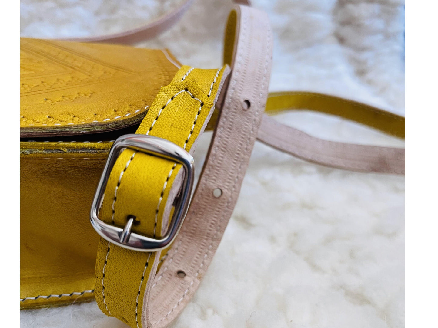 Moroccan Leather Bag, Genuine Leather Crossbody Bag, Moroccan Shoulder Bag, Women Leather Bag, Handmade Carved Leather Bag, Yellow Boho Bag