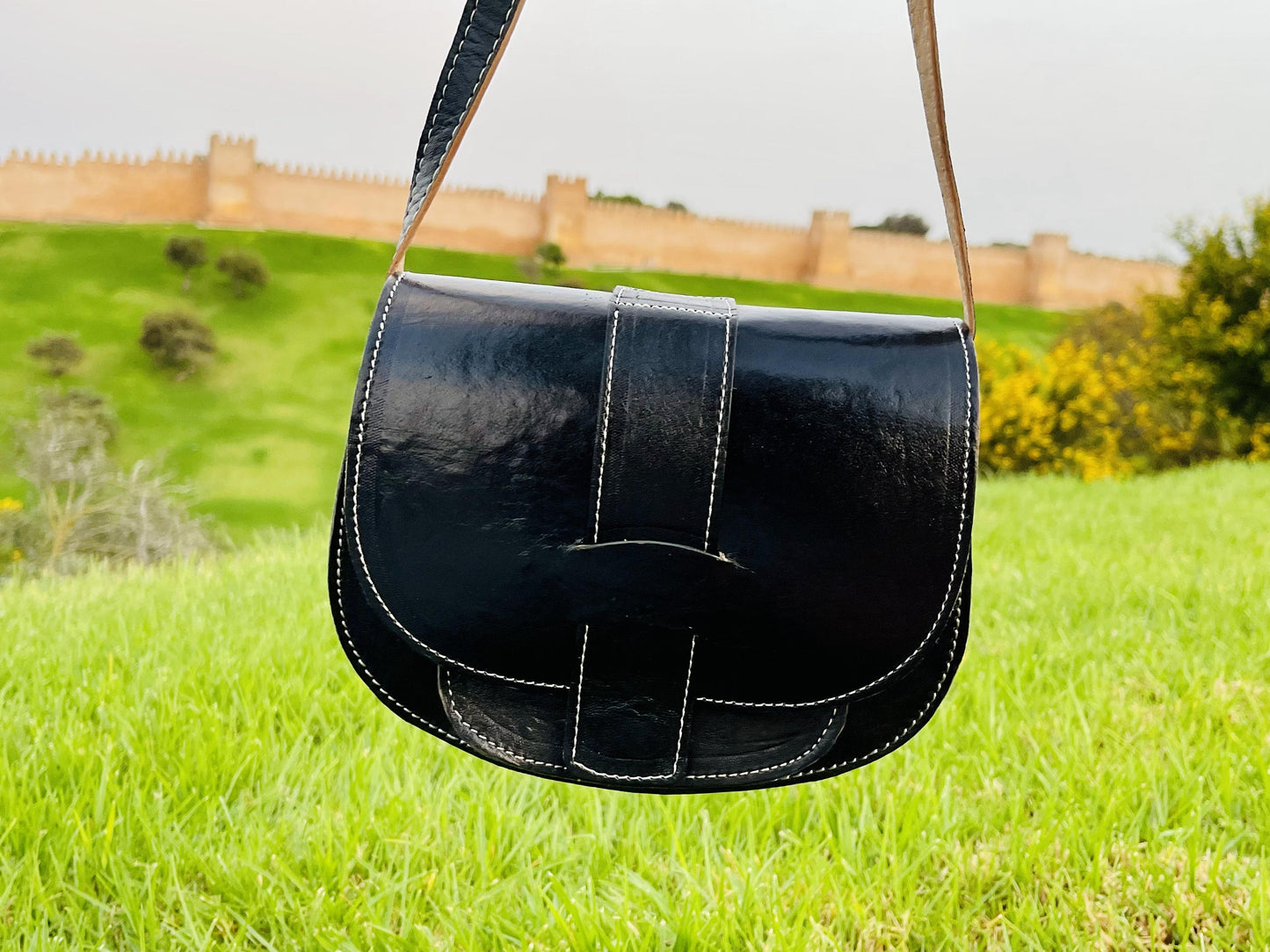 Moroccan Leather Bag, Genuine Leather Crossbody Bag, Moroccan Shoulder Bag, Women'S Leather Bag, Handmade Carved Leather Bag, Black Boho Bag