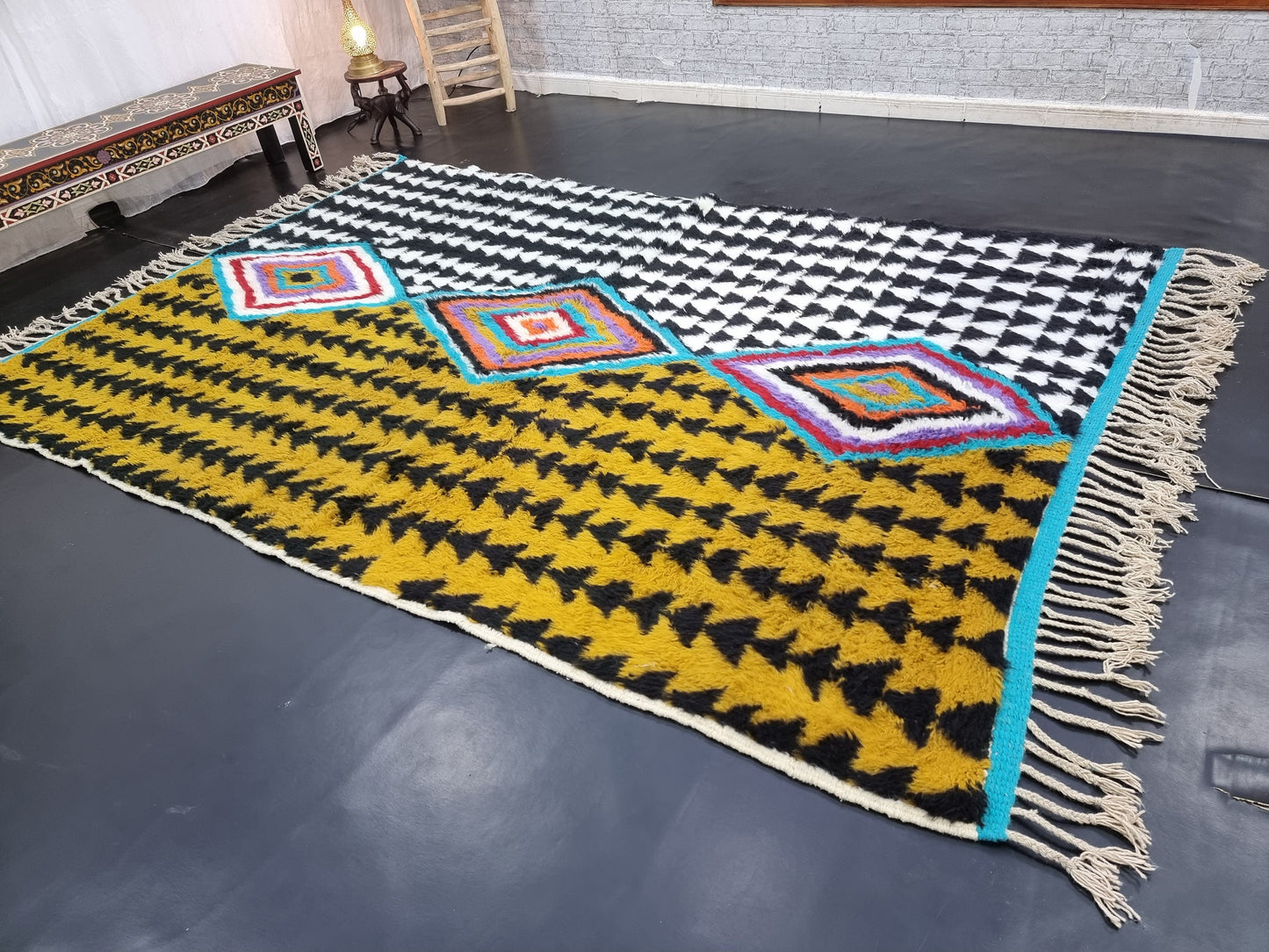 ABSTRACT UNIQUE RUG, Moroccan Handmade Rug, Mustard Black & White Rug, Sheep Wool Rug, Geometric Funky Berber Rug, Custom Made Colorful Rug