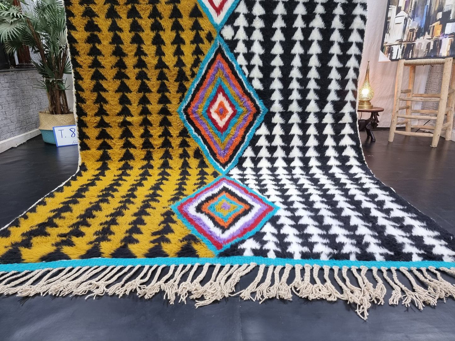 ABSTRACT UNIQUE RUG, Moroccan Handmade Rug, Mustard Black & White Rug, Sheep Wool Rug, Geometric Funky Berber Rug, Custom Made Colorful Rug