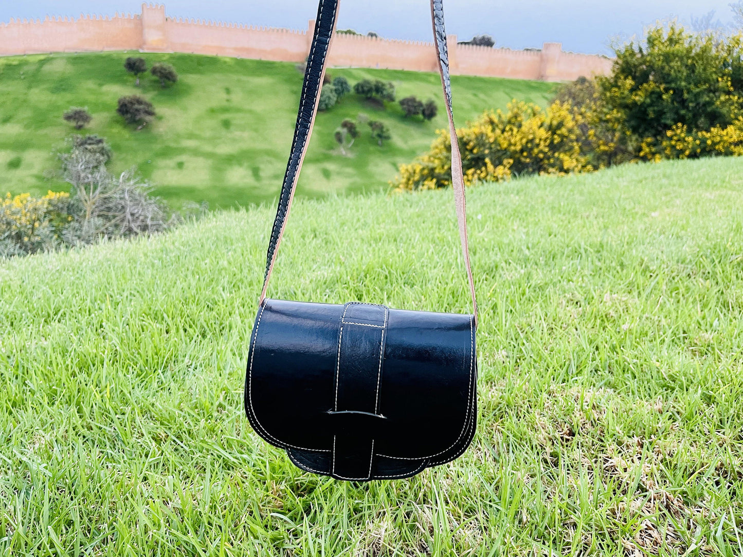 Moroccan Leather Bag, Genuine Leather Crossbody Bag, Moroccan Shoulder Bag, Women'S Leather Bag, Handmade Carved Leather Bag, Black Boho Bag