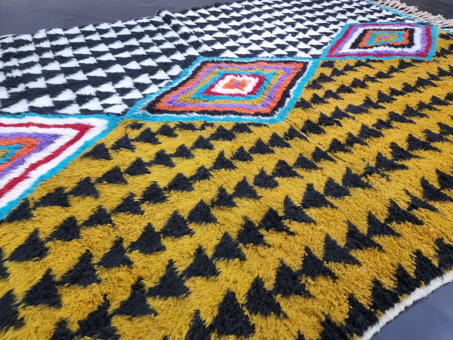 ABSTRACT UNIQUE RUG, Moroccan Handmade Rug, Mustard Black & White Rug, Sheep Wool Rug, Geometric Funky Berber Rug, Custom Made Colorful Rug
