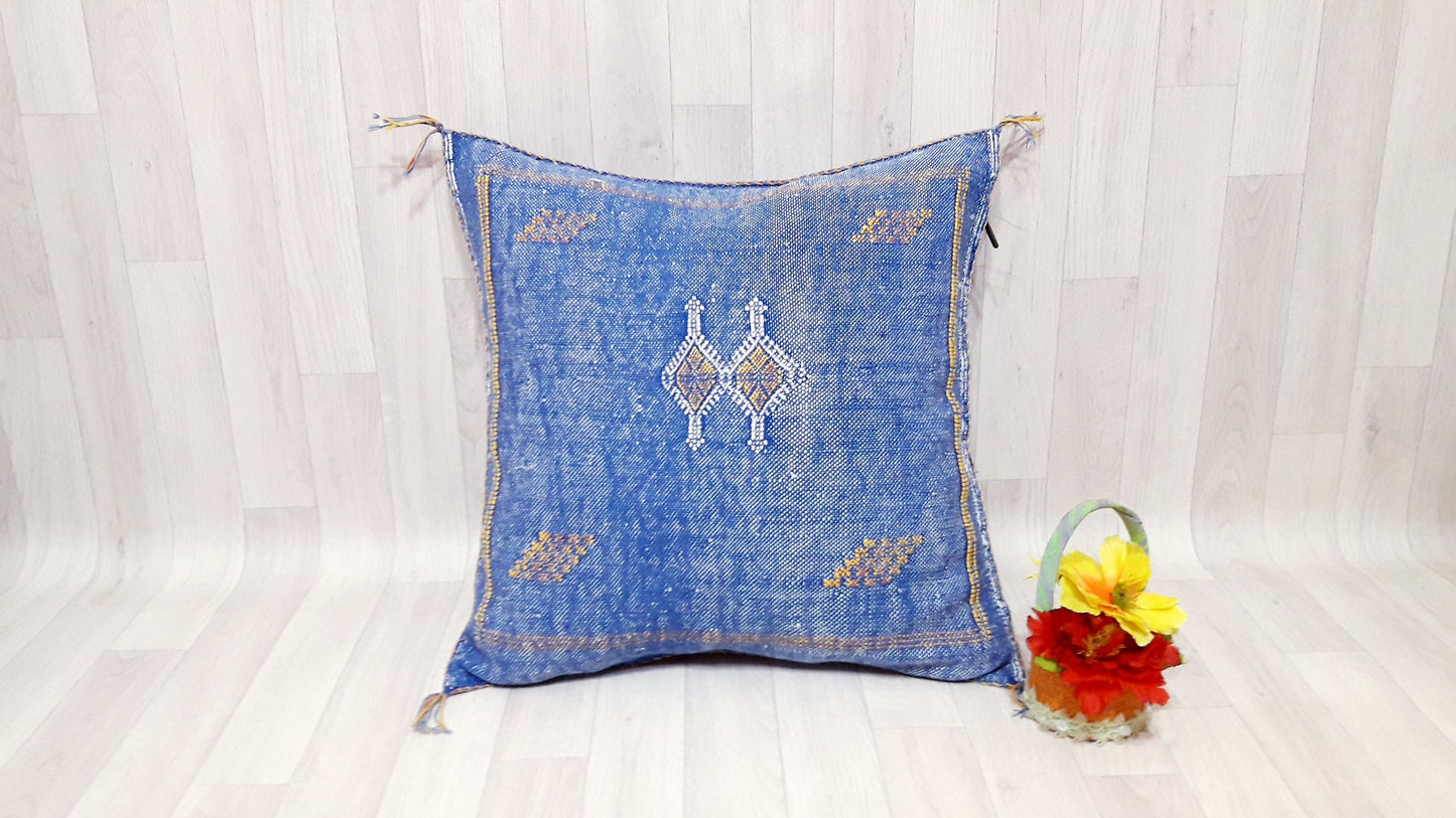 Cactus Silk Cushion Cover - Blue Sabra Pillow - Handmade Morocco Cushion . Moroccan Sabra Cushion