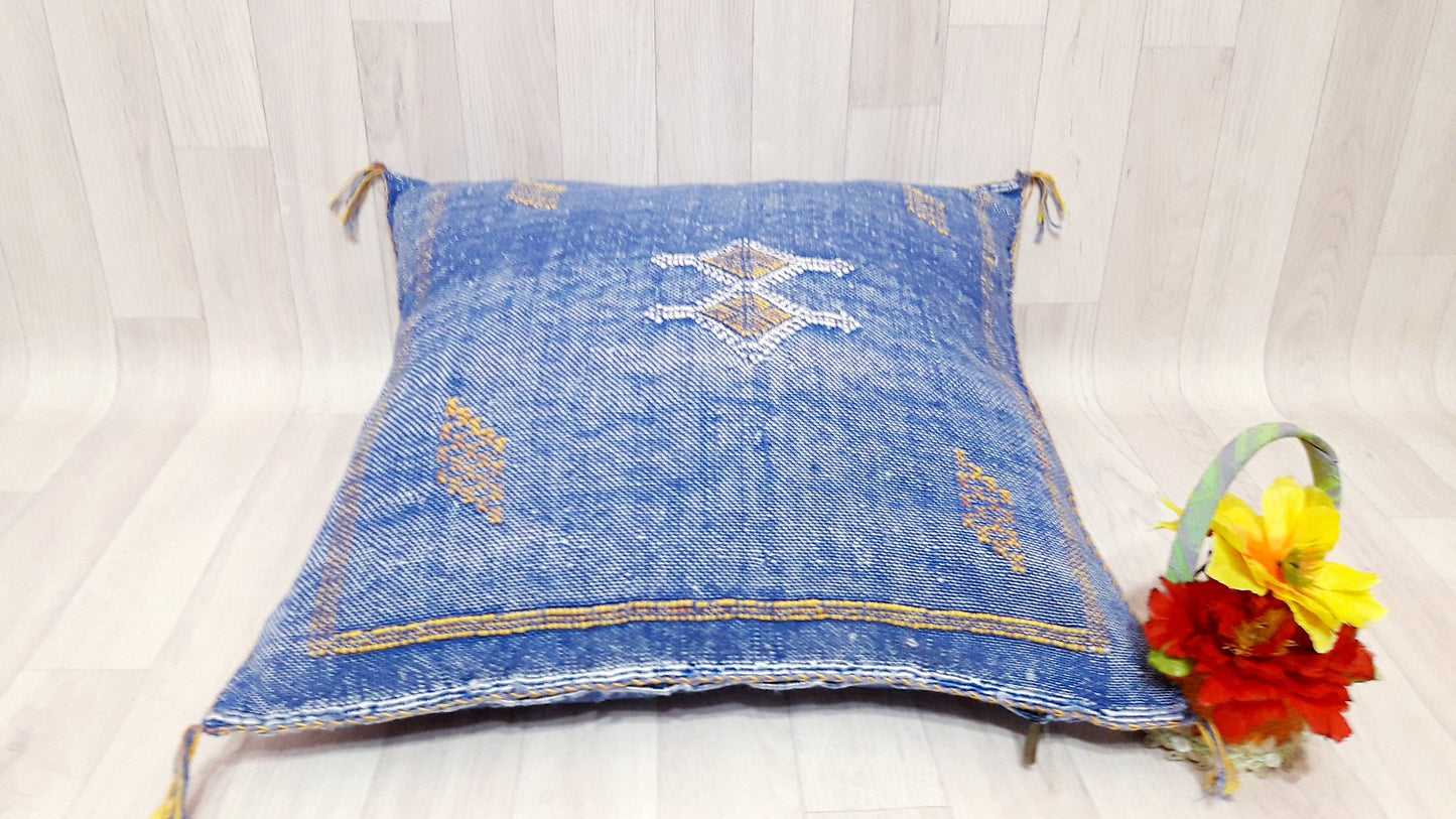 Cactus Silk Cushion Cover - Blue Sabra Pillow - Handmade Morocco Cushion . Moroccan Sabra Cushion