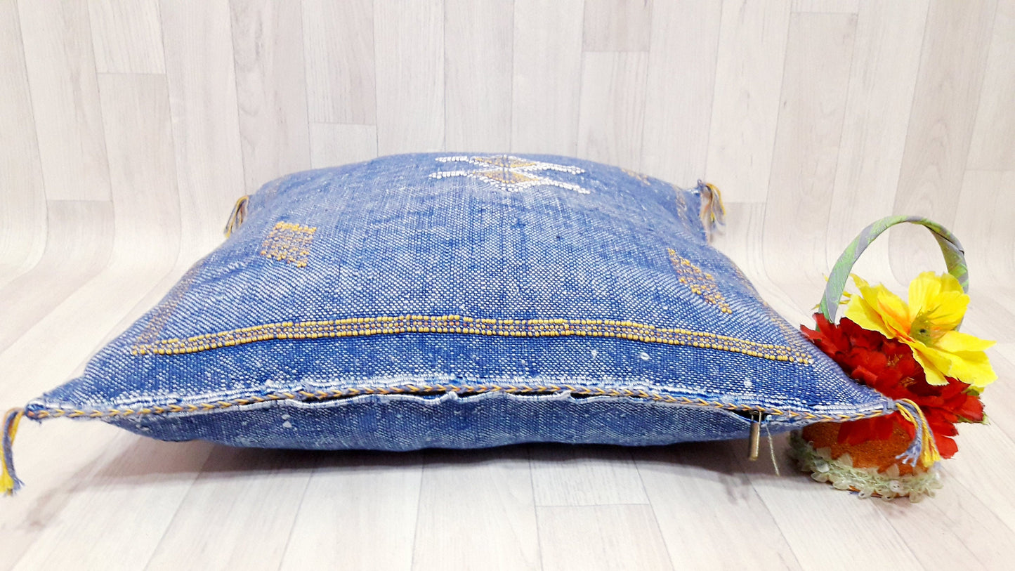 Cactus Silk Cushion Cover - Blue Sabra Pillow - Handmade Morocco Cushion . Moroccan Sabra Cushion
