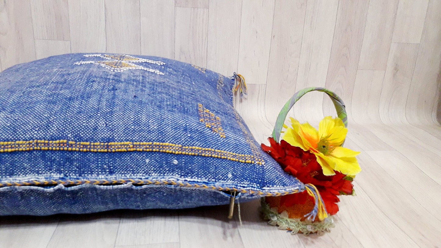 Cactus Silk Cushion Cover - Blue Sabra Pillow - Handmade Morocco Cushion . Moroccan Sabra Cushion