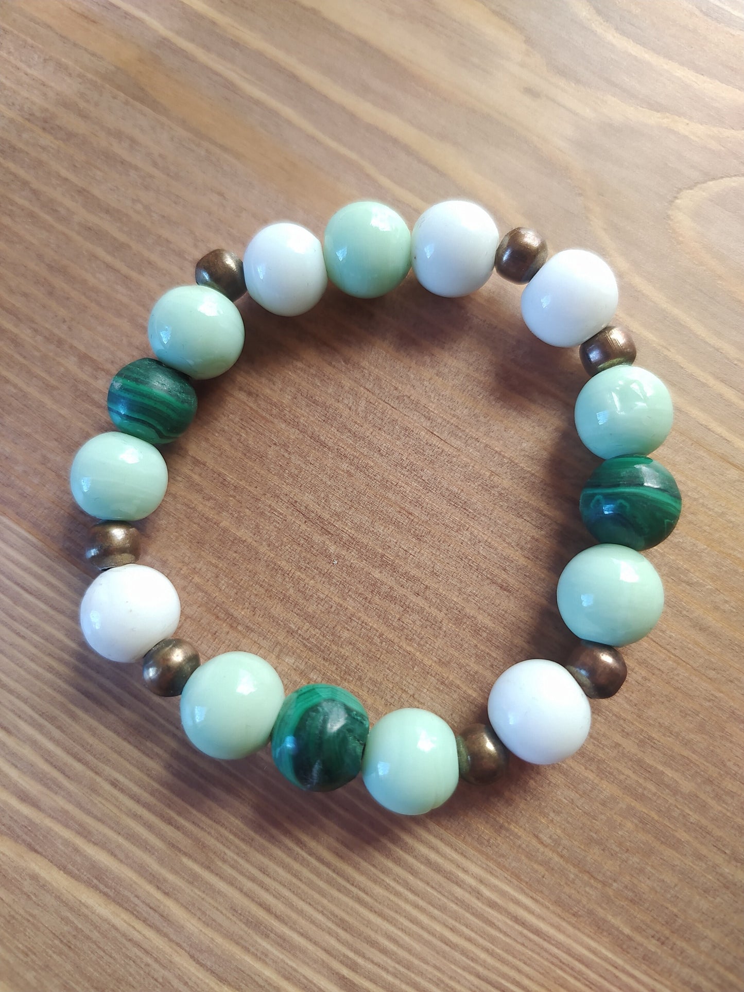 Beautiful Bracelet, Handmade, Malachite Pearl, White, Green round Beads, Cooper, Gift Idea, for Here.
