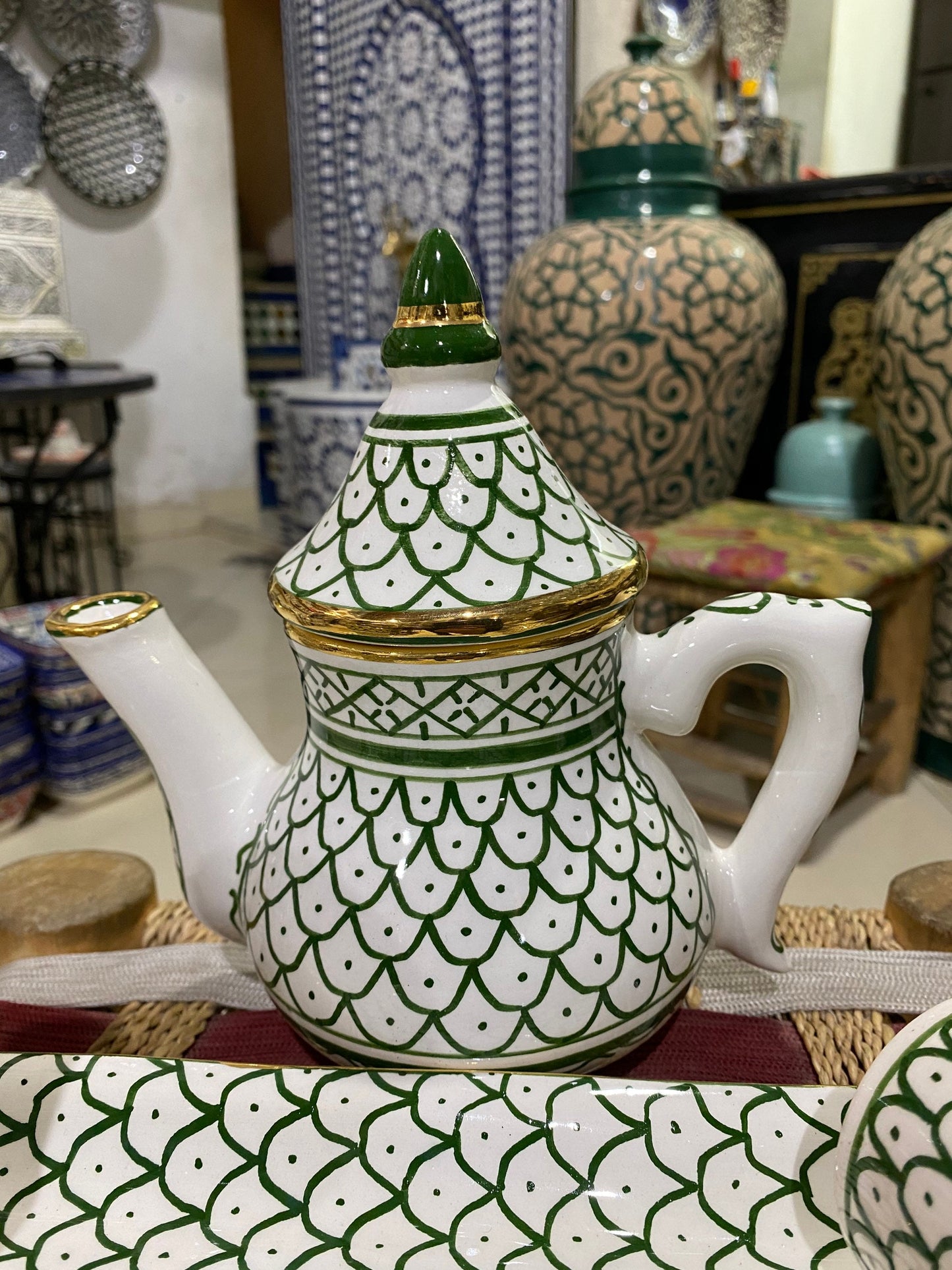 Moroccan Ceramic Tea Set , Handmade, Hand Painted, with Real 14K Gold Rim